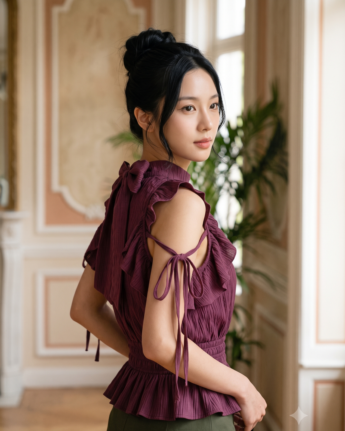 Ruffle Trim Tie Neck Top in Wine Maroon