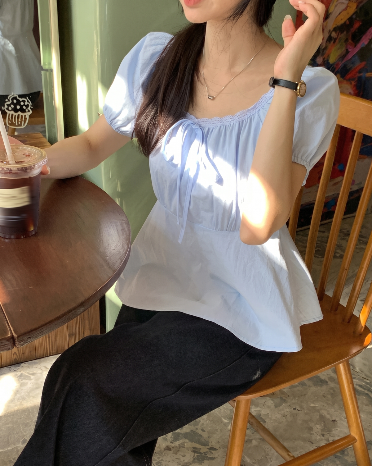Lace-Trimmed Convertible Milkmaid Peplum Blouse in Sky Blue