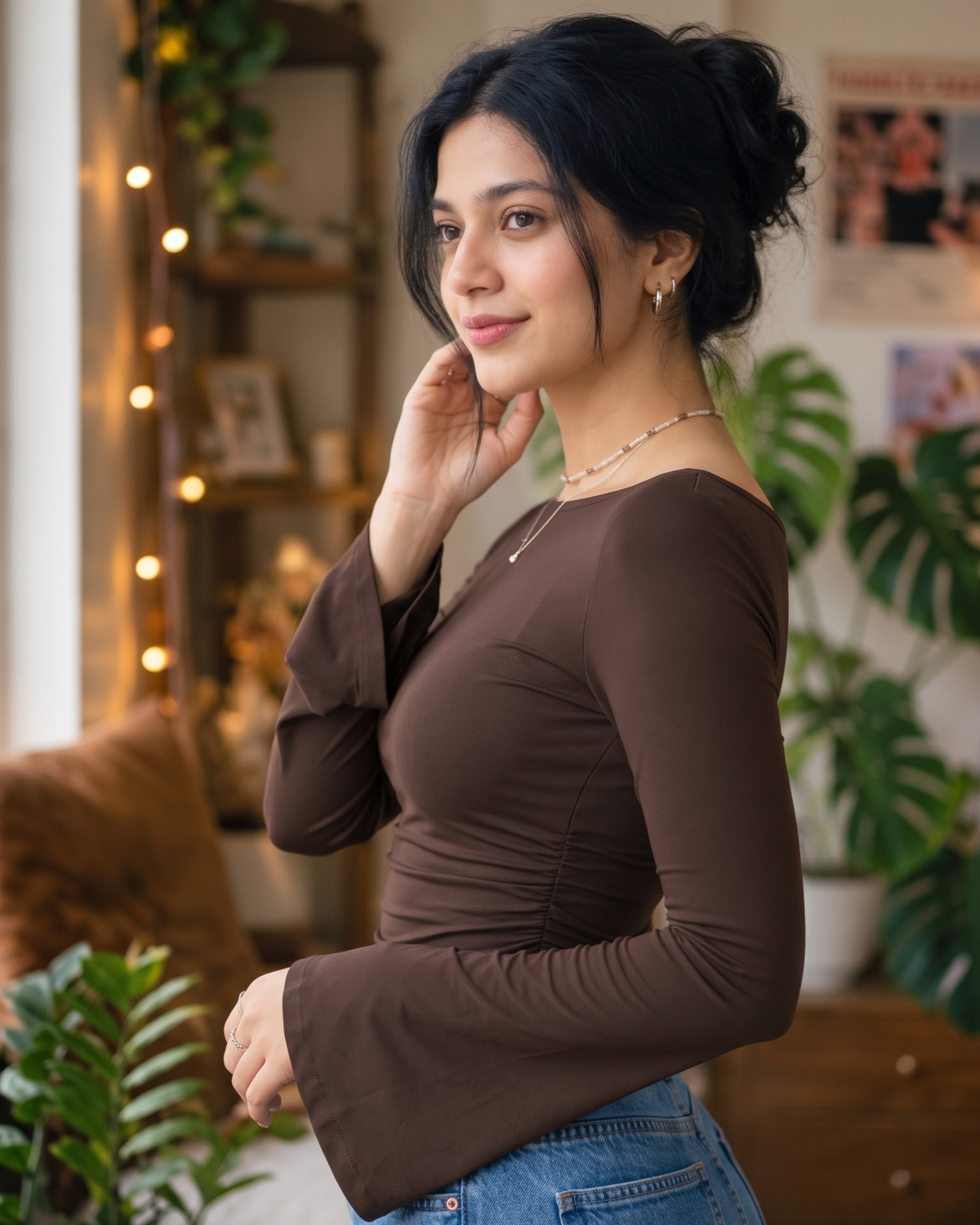 Chocolate Ruched Long Sleeve Top
