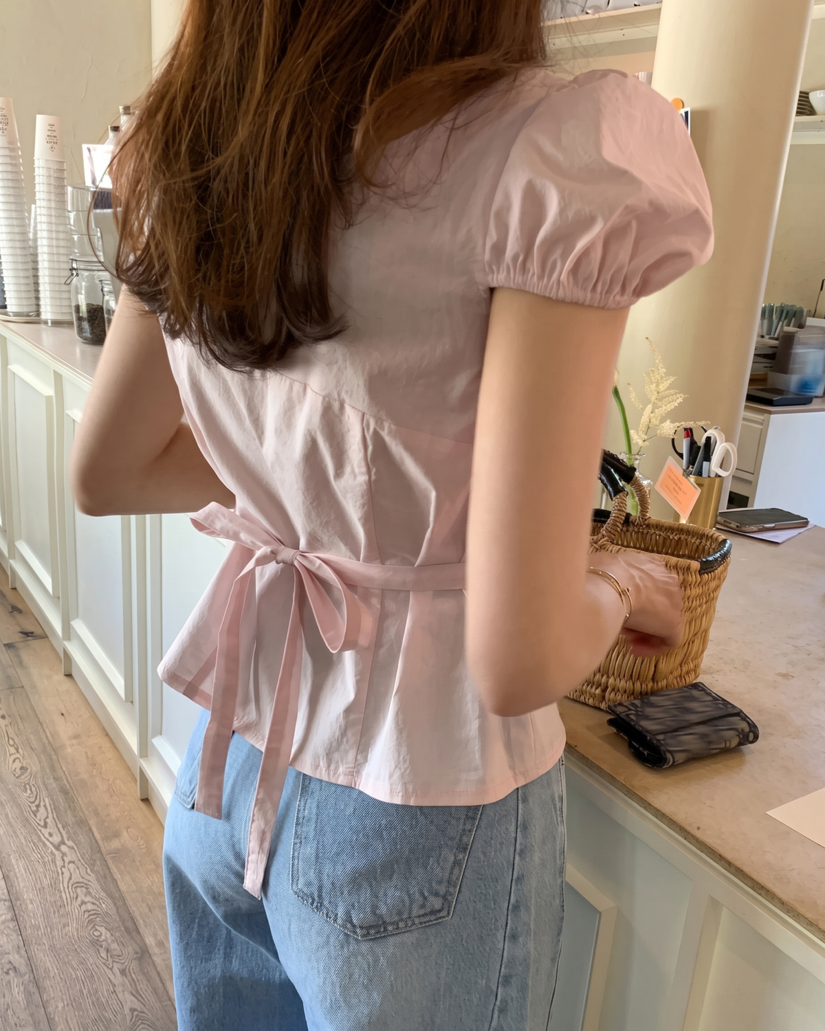 Pintuck Tie-Back Milkmaid Blouse in Blush Pink
