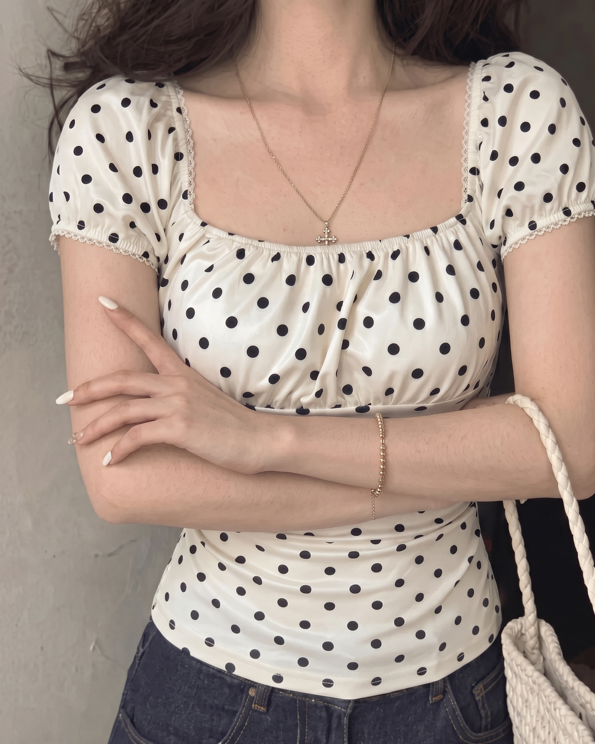 Polka Dot Lace-Trim Ruched Milkmaid Top in Cream