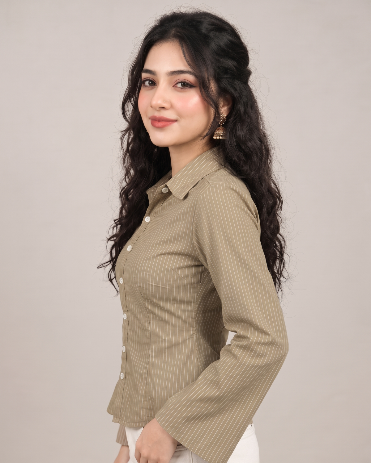 Pinstripe Bell-Sleeve Fitted Shirt in Olive Khaki