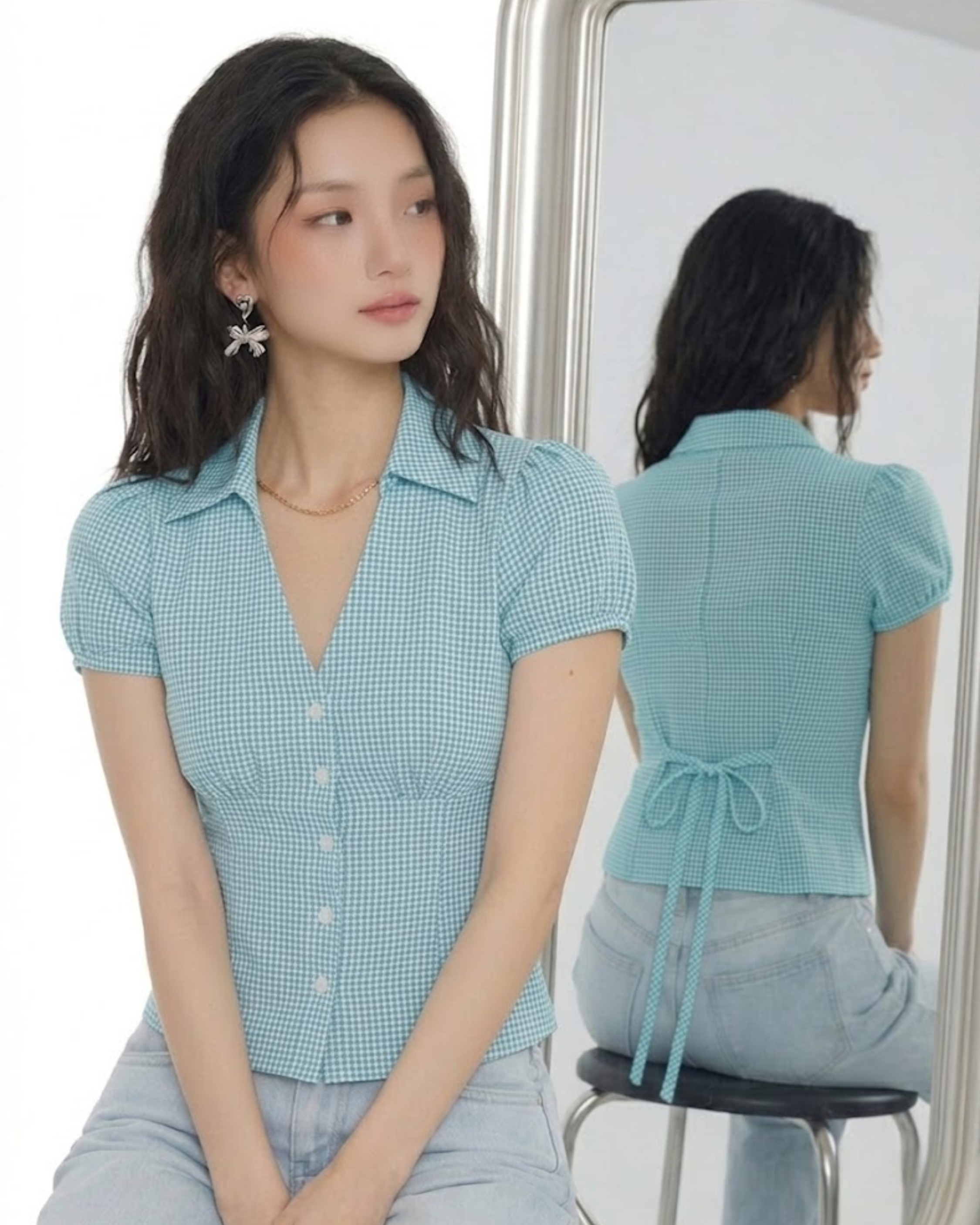 EZLIA Light Blue Dotted Puff Sleeve Shirt Top