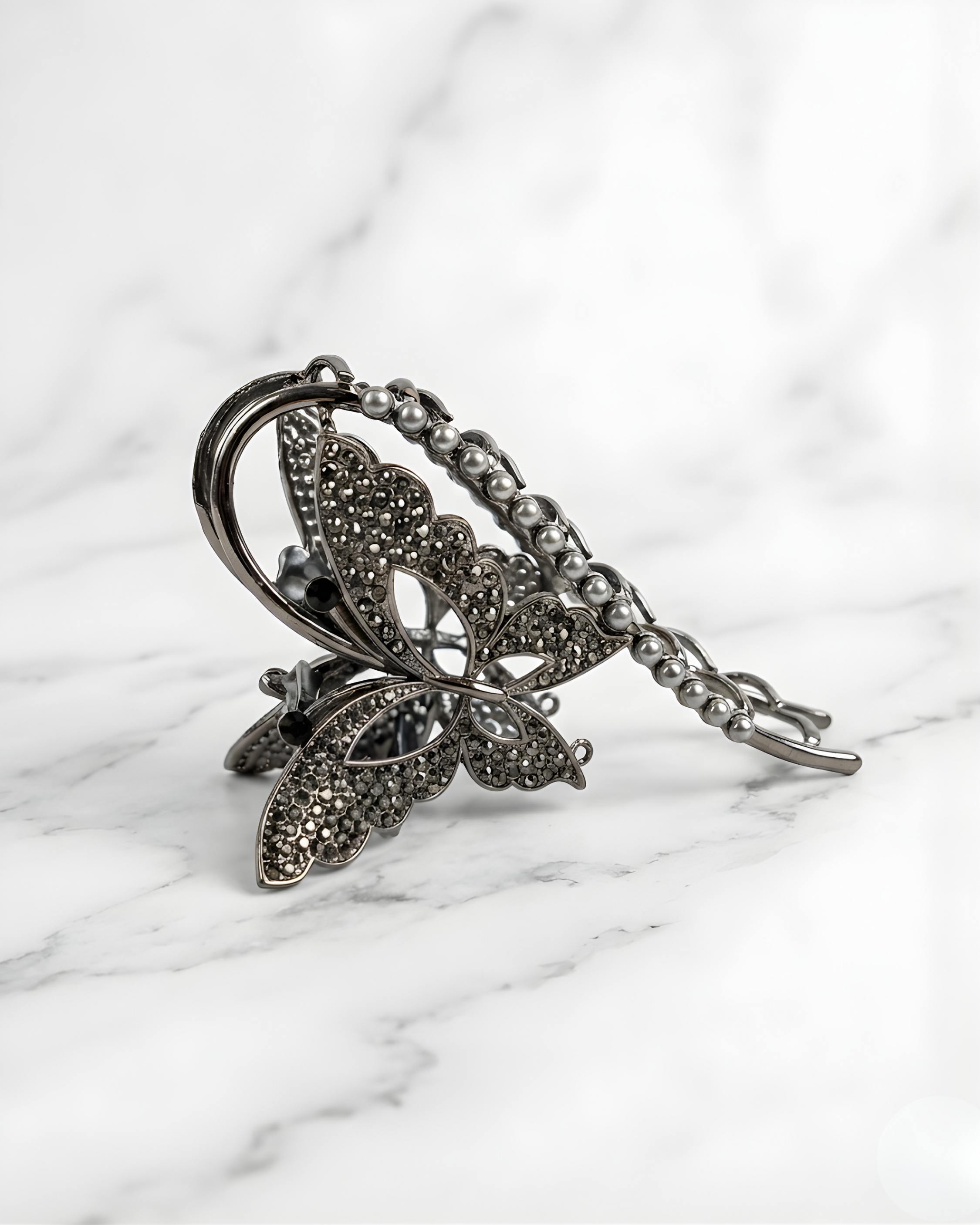 Gunmetal Crystal Butterfly & Pearl Hair Claw Clip - Dark Edition