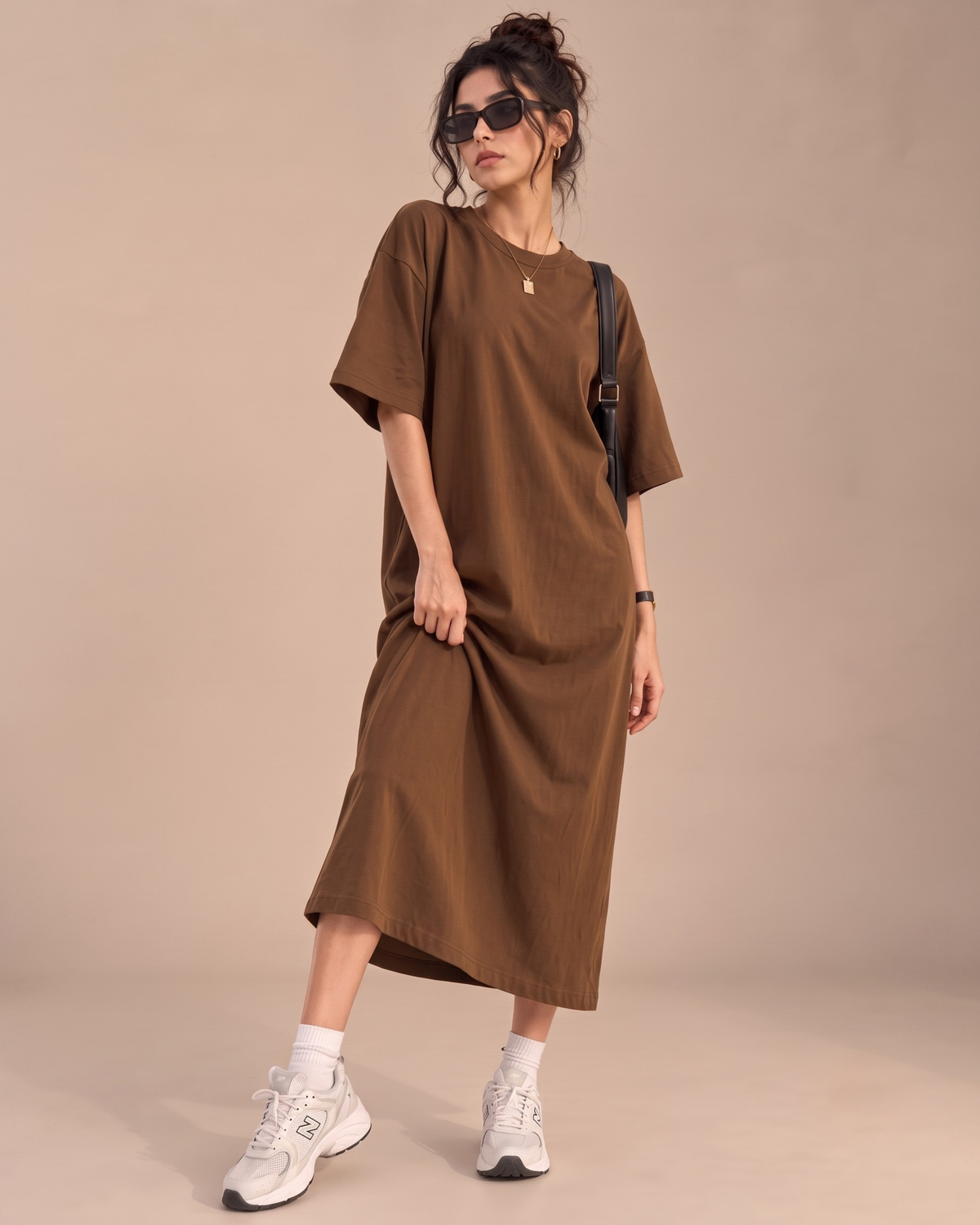 Women's Brown Oversized T-Shirt Maxi Dress with Pockets