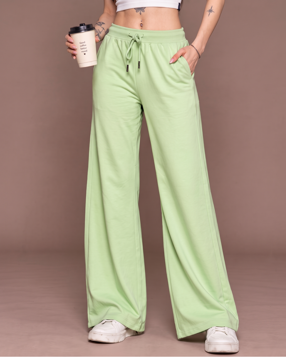 High-Waisted Wide-Leg Drawstring Trousers in Pistachio Green