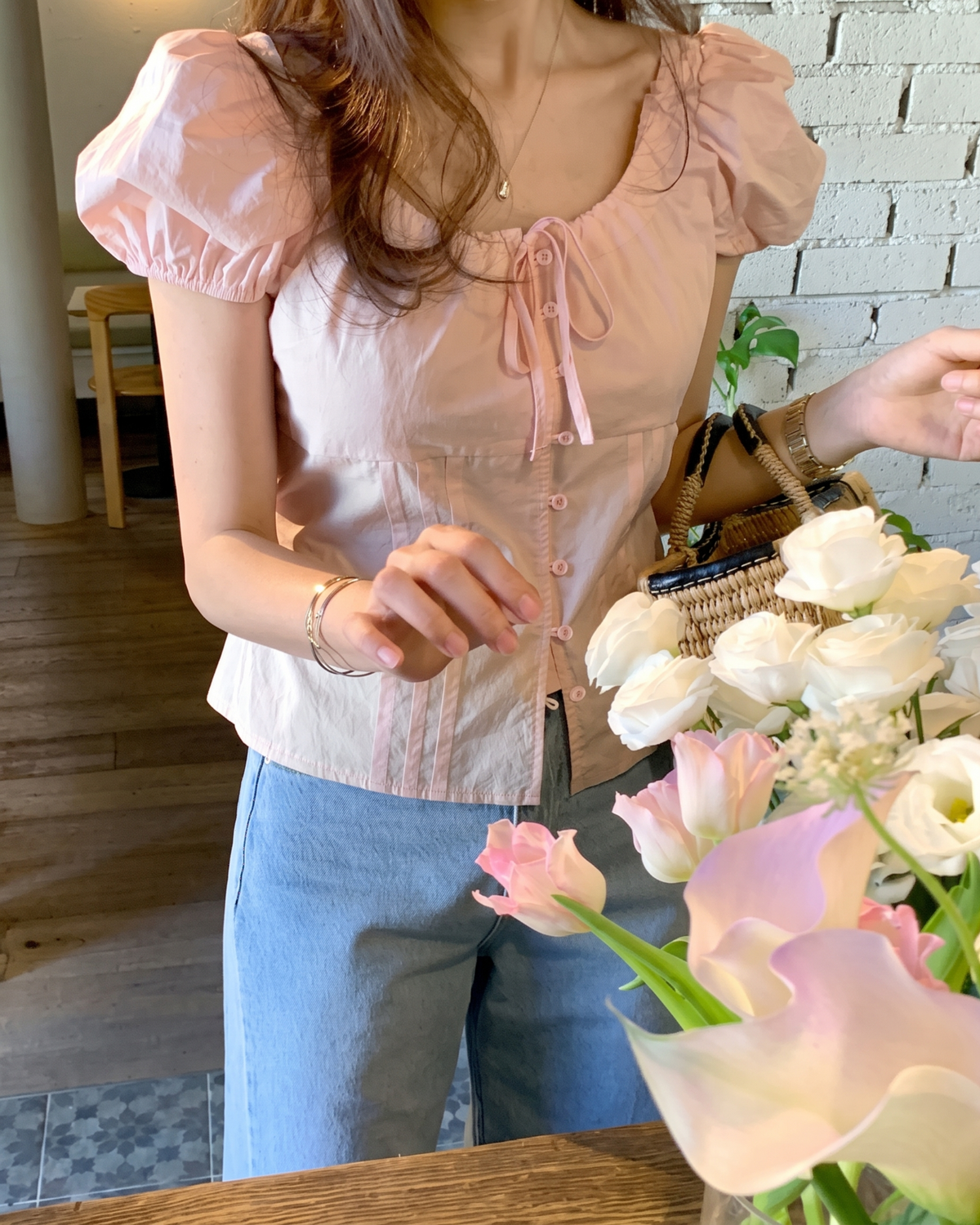 Pintuck Tie-Back Milkmaid Blouse in Blush Pink