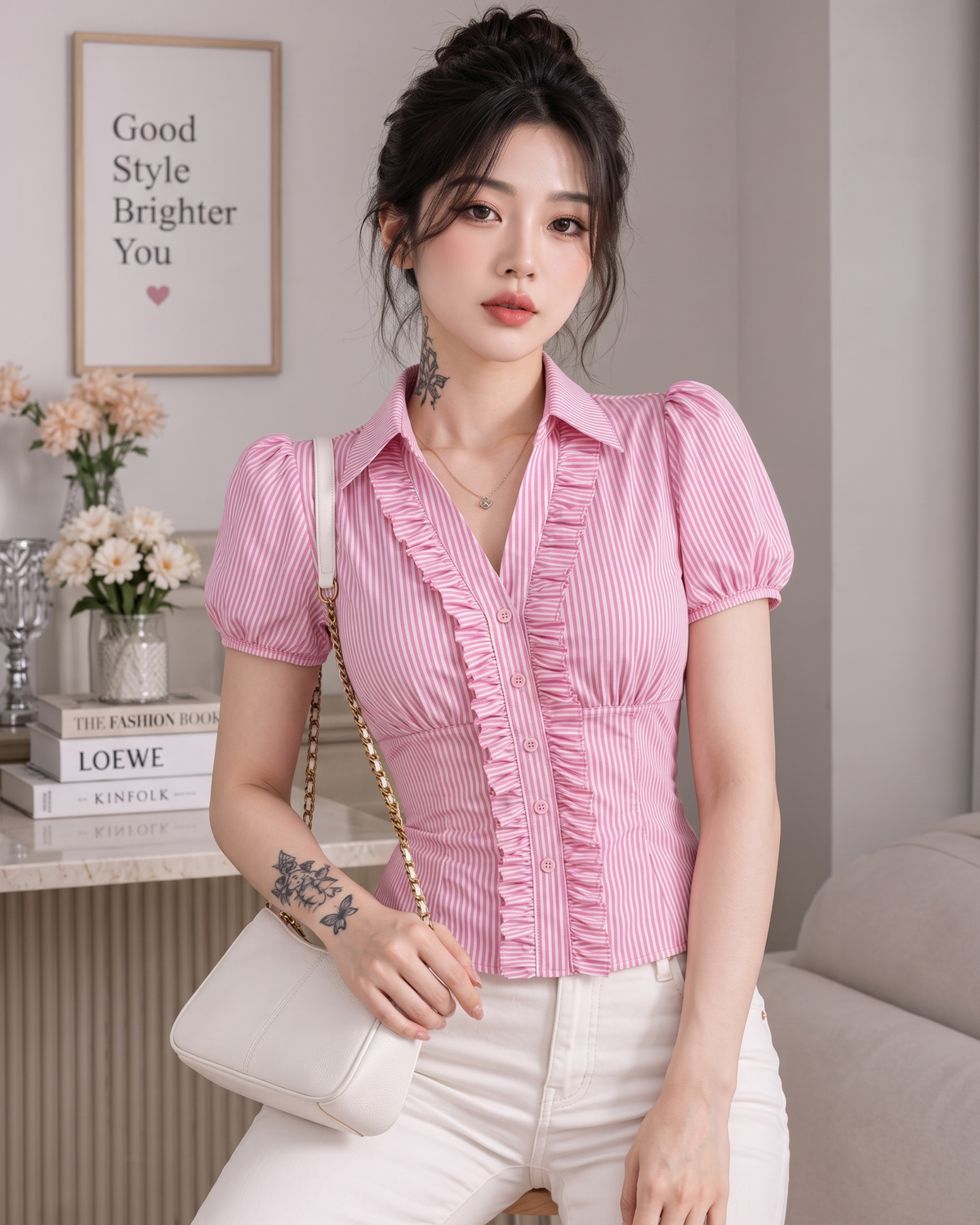 Women's Pink Striped Ruffle Front Peplum Top