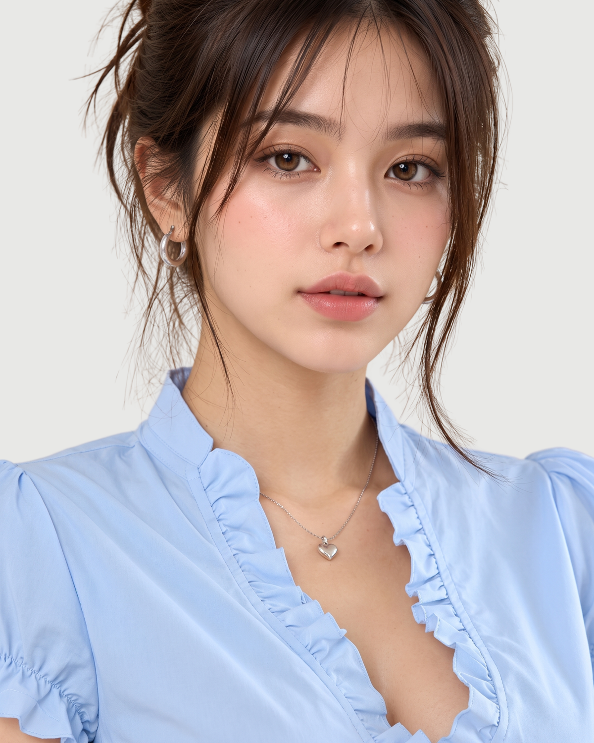 Ruffle-Trimmed Fitted Corset Blouse in Pastel Sky Blue