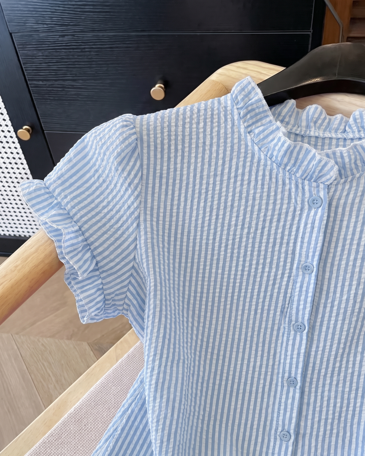Striped Ruffle-Collar Flutter Sleeve Seersucker Blouse in Light Blue