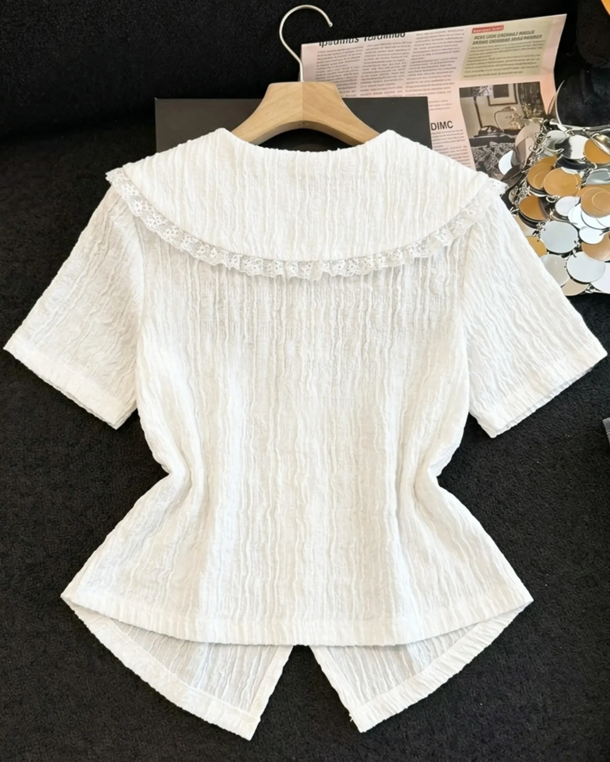 Lace-Trimmed Sailor Collar Textured Blouse in Crisp White