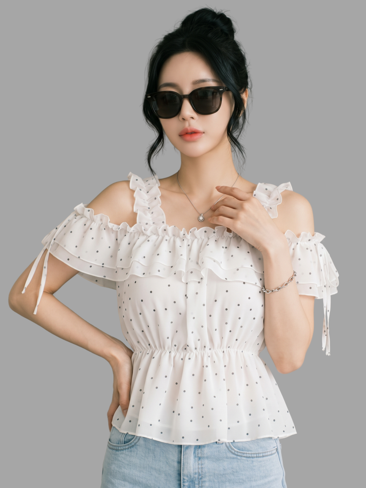 Polka Dot Ruffle Cold-Shoulder Peplum Top in White