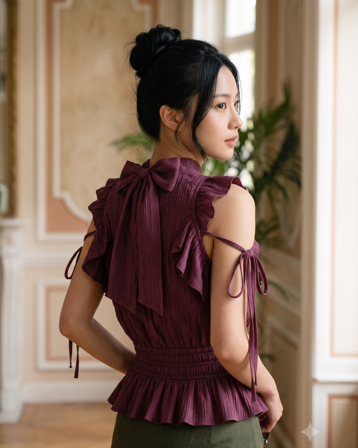 Ruffle Trim Tie Neck Top in Wine Maroon