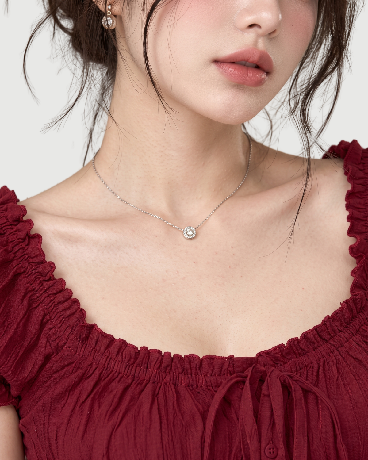 Textured Ruffle Milkmaid Peplum Blouse in Wine Red