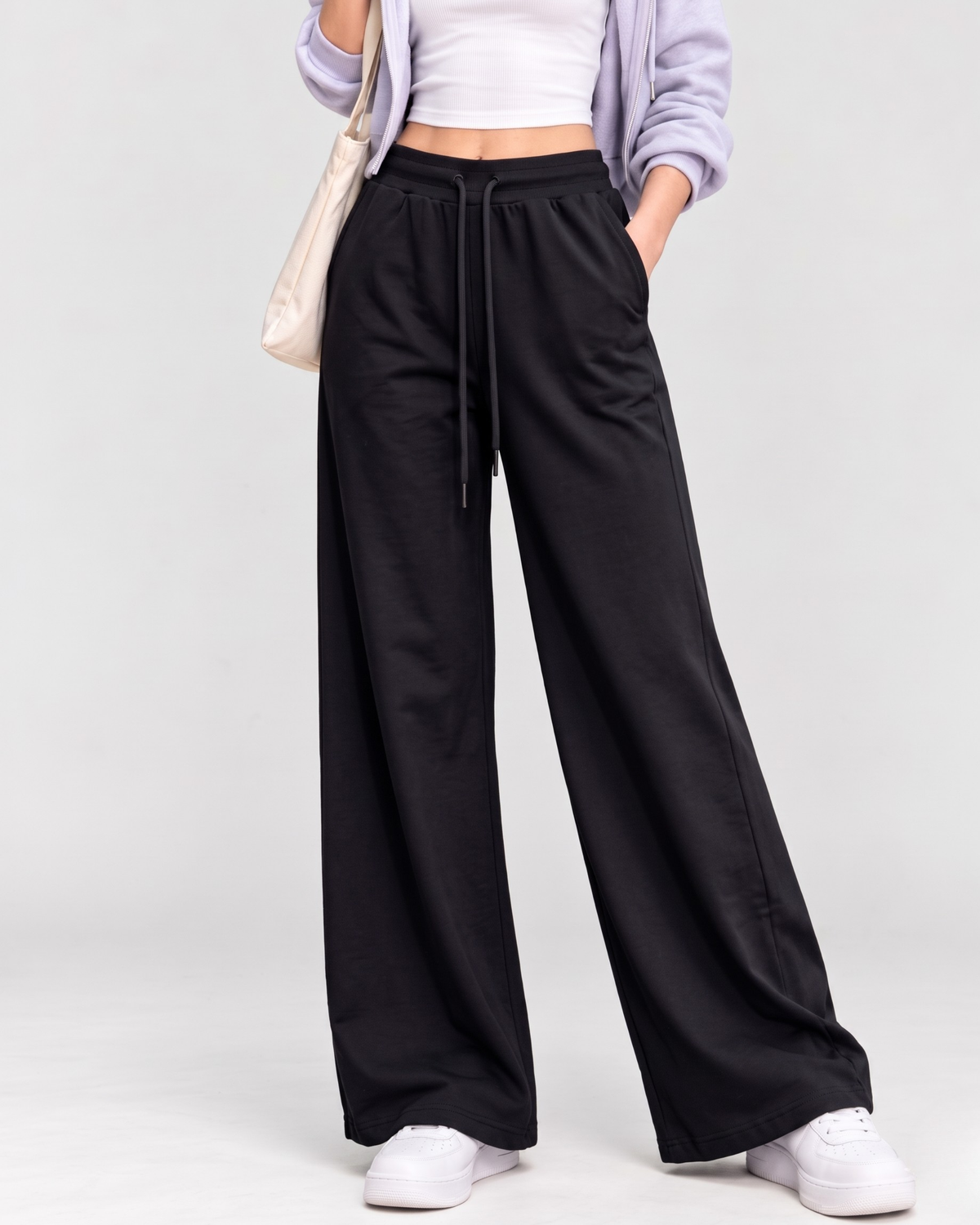 High-Waisted Wide-Leg Drawstring Trousers in Classic Black