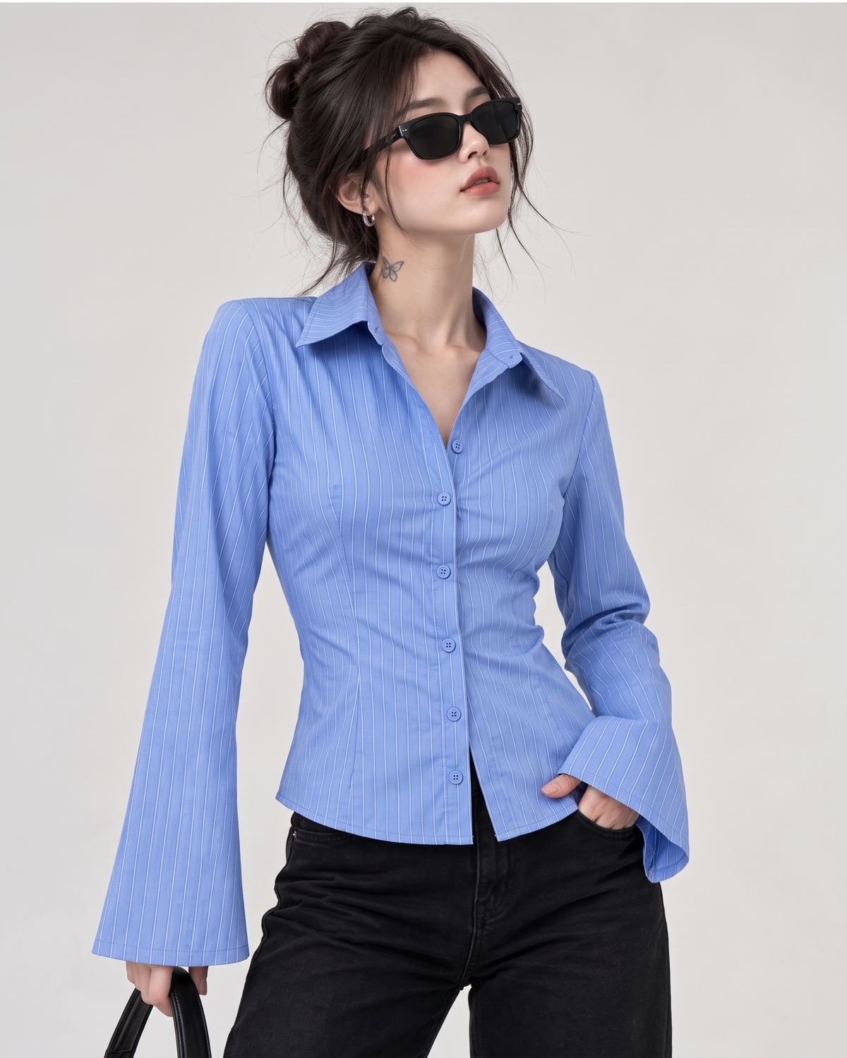 womens-blue-striped-flared-sleeve-shirt