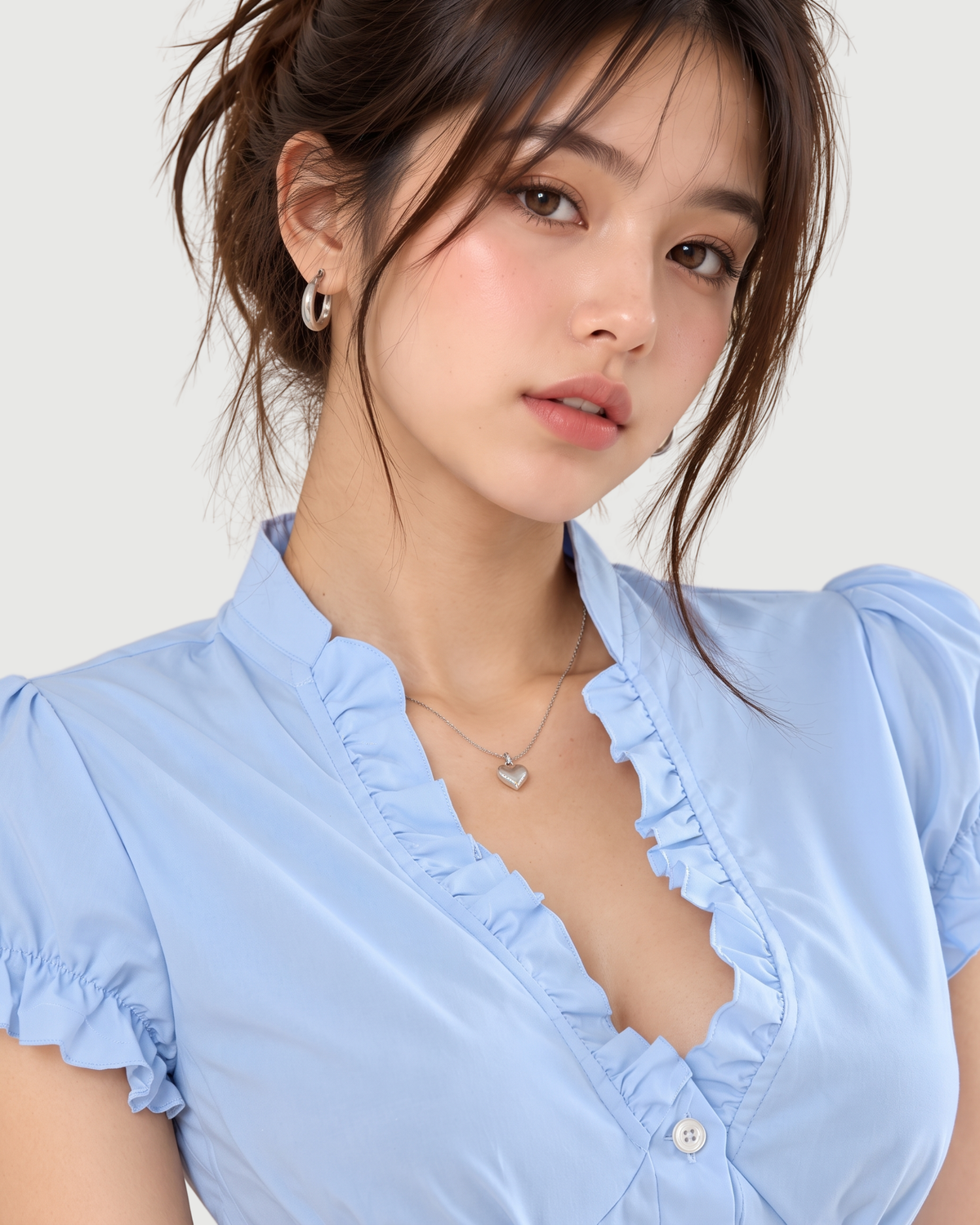 Ruffle-Trimmed Fitted Corset Blouse in Pastel Sky Blue