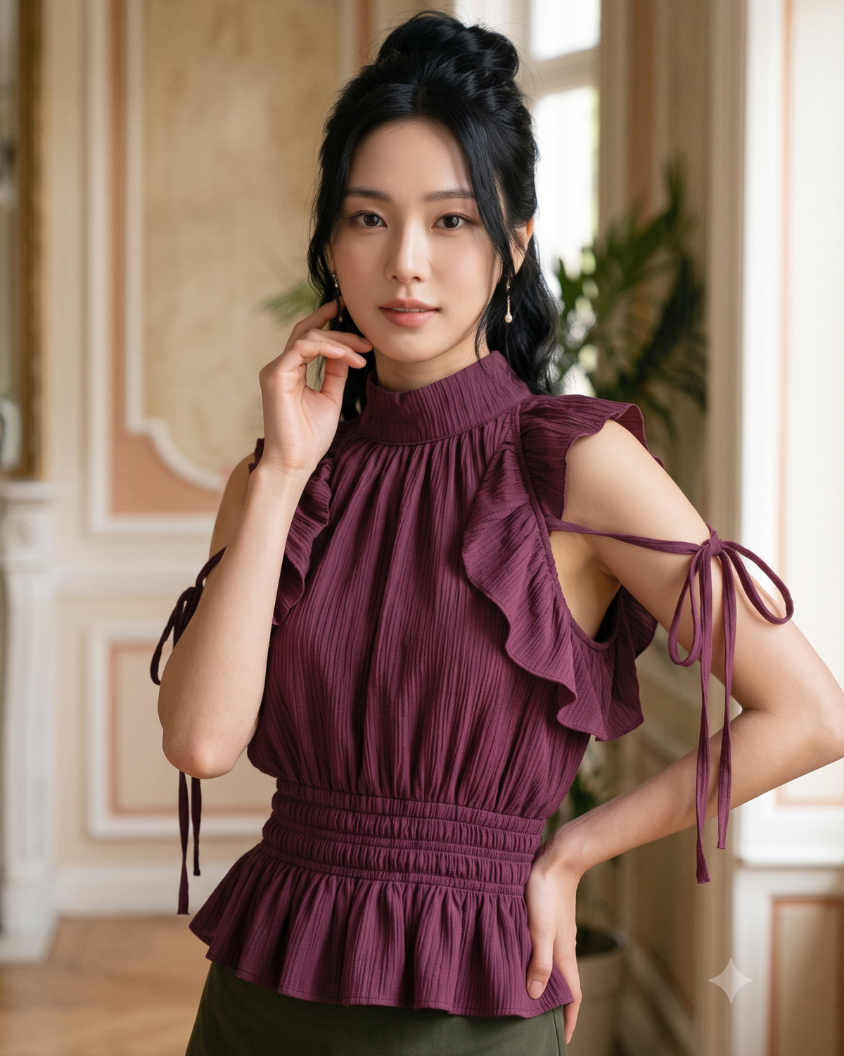 Ruffle Trim Tie Neck Top in Wine Maroon