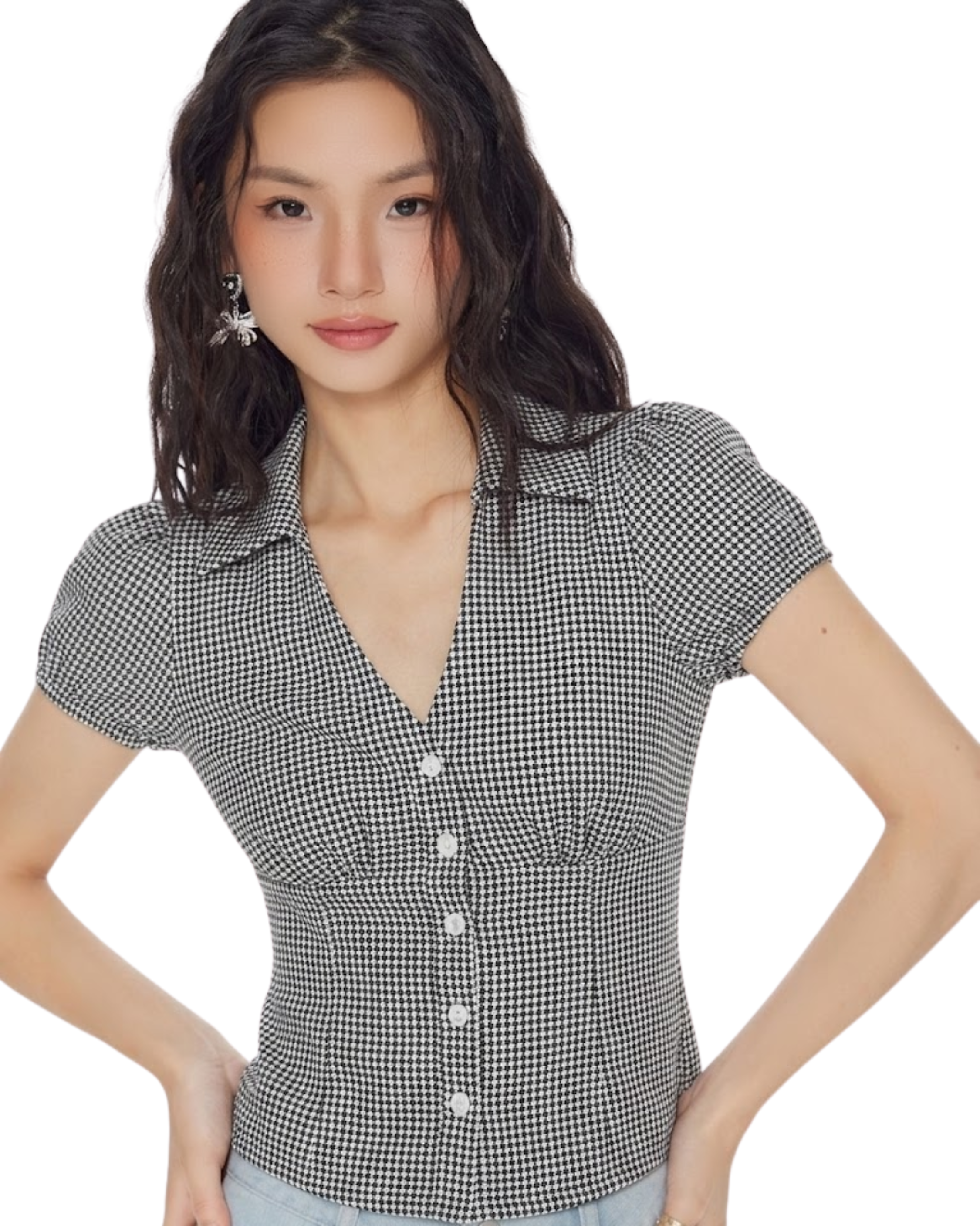 EZLIA Black Dotted Puff Sleeve Shirt Top