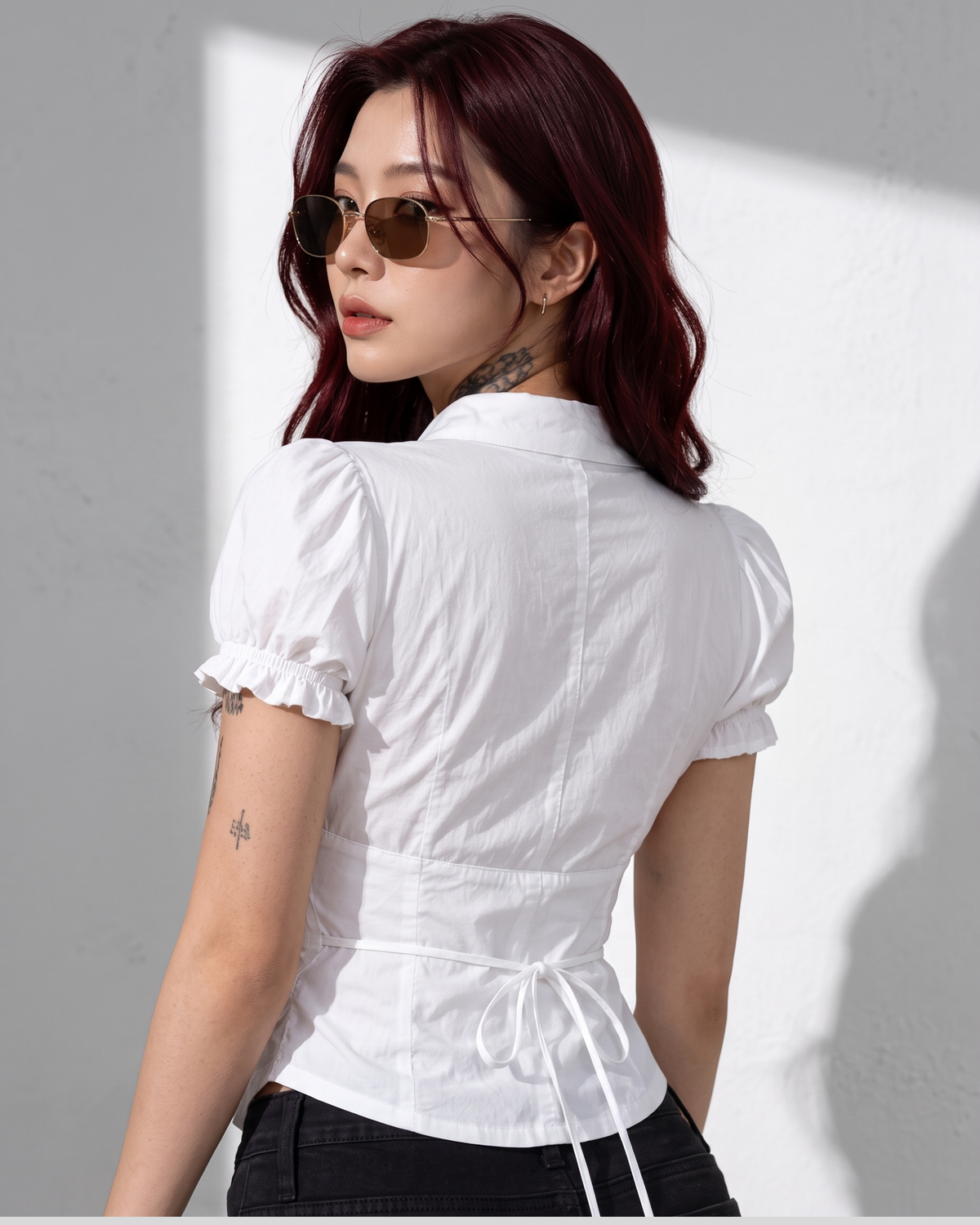 Women's White Ruffle Front Button Top with Tie-Back Waist