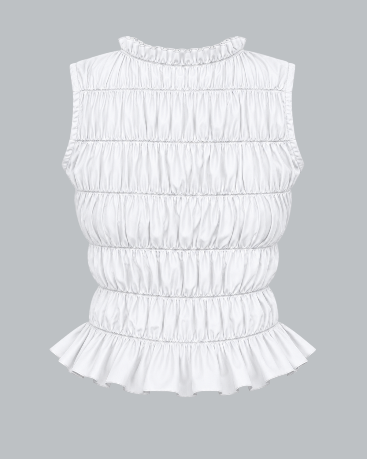White Ruffle High-Neck Sleeveless Smocked Peplum Top