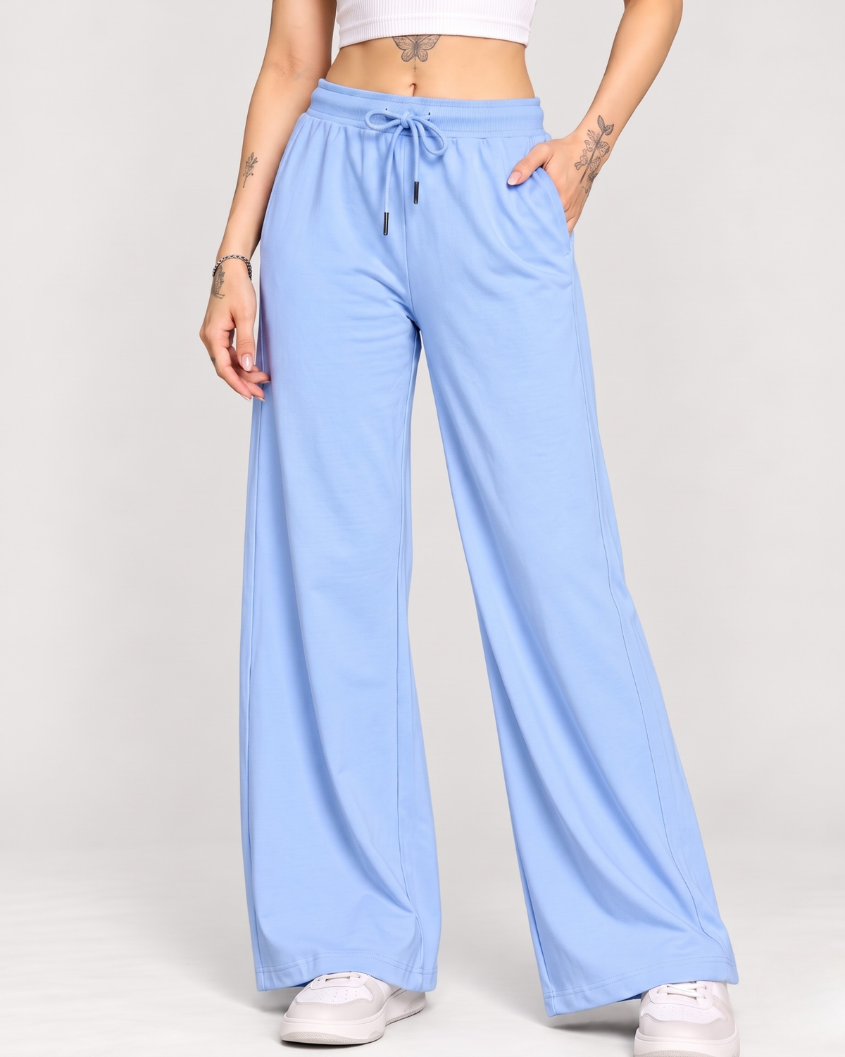 High-Waisted Wide-Leg Drawstring Trousers in Sky Blue