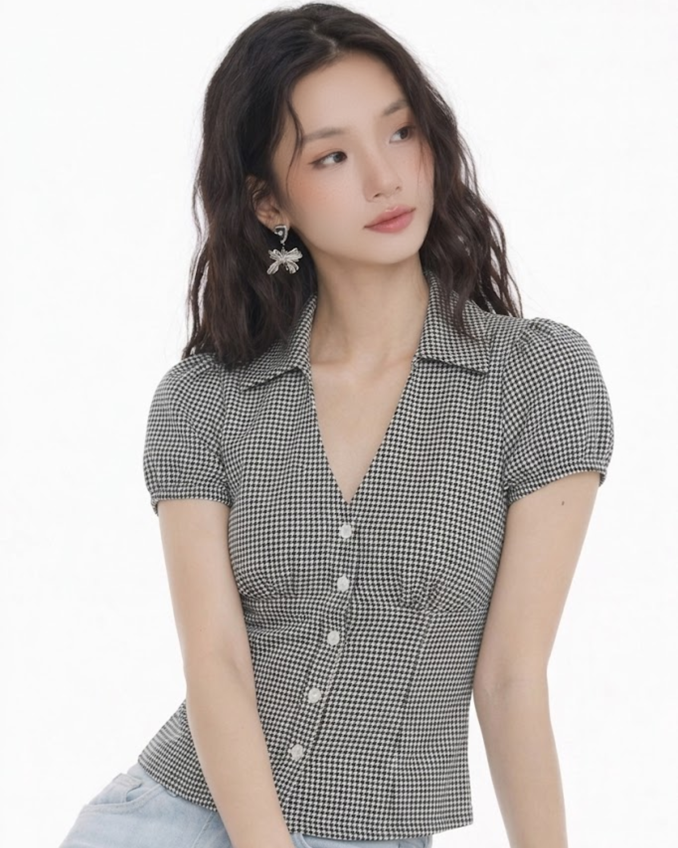EZLIA Black Dotted Puff Sleeve Shirt Top