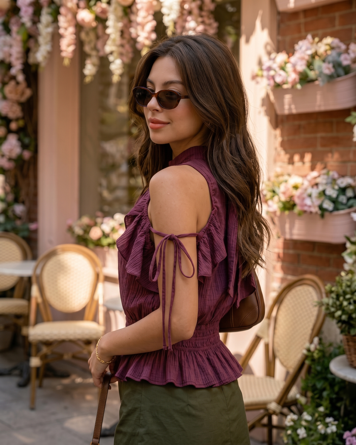 Ruffle Trim Tie Neck Top in Wine Maroon