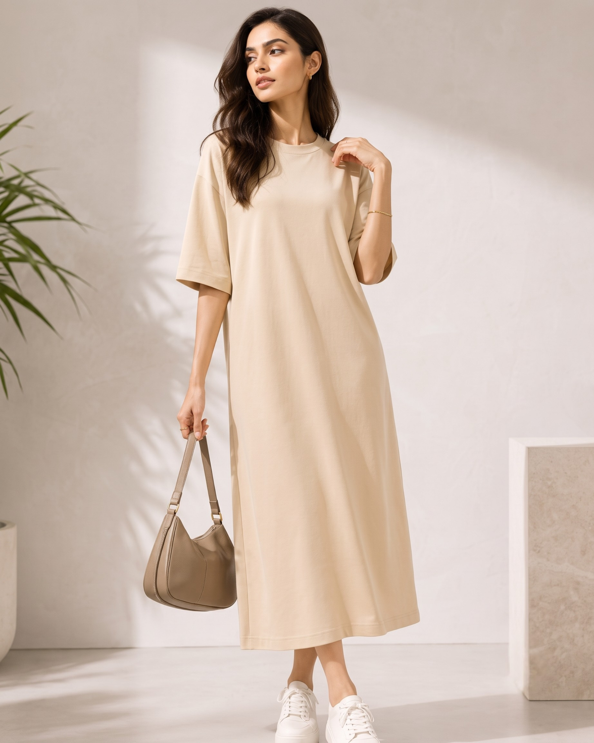 Women's Beige Oversized T-Shirt Maxi Dress with Pockets