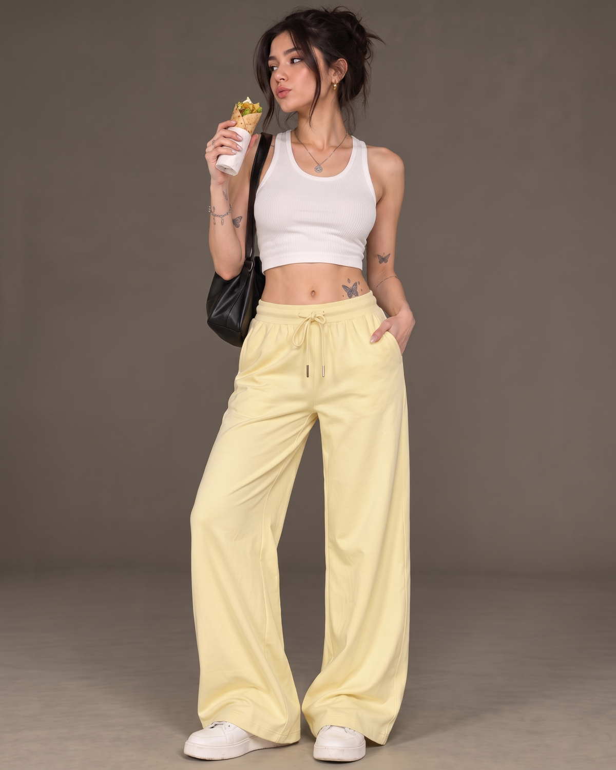 High-Waisted Wide-Leg Drawstring Trousers in Butter Yellow
