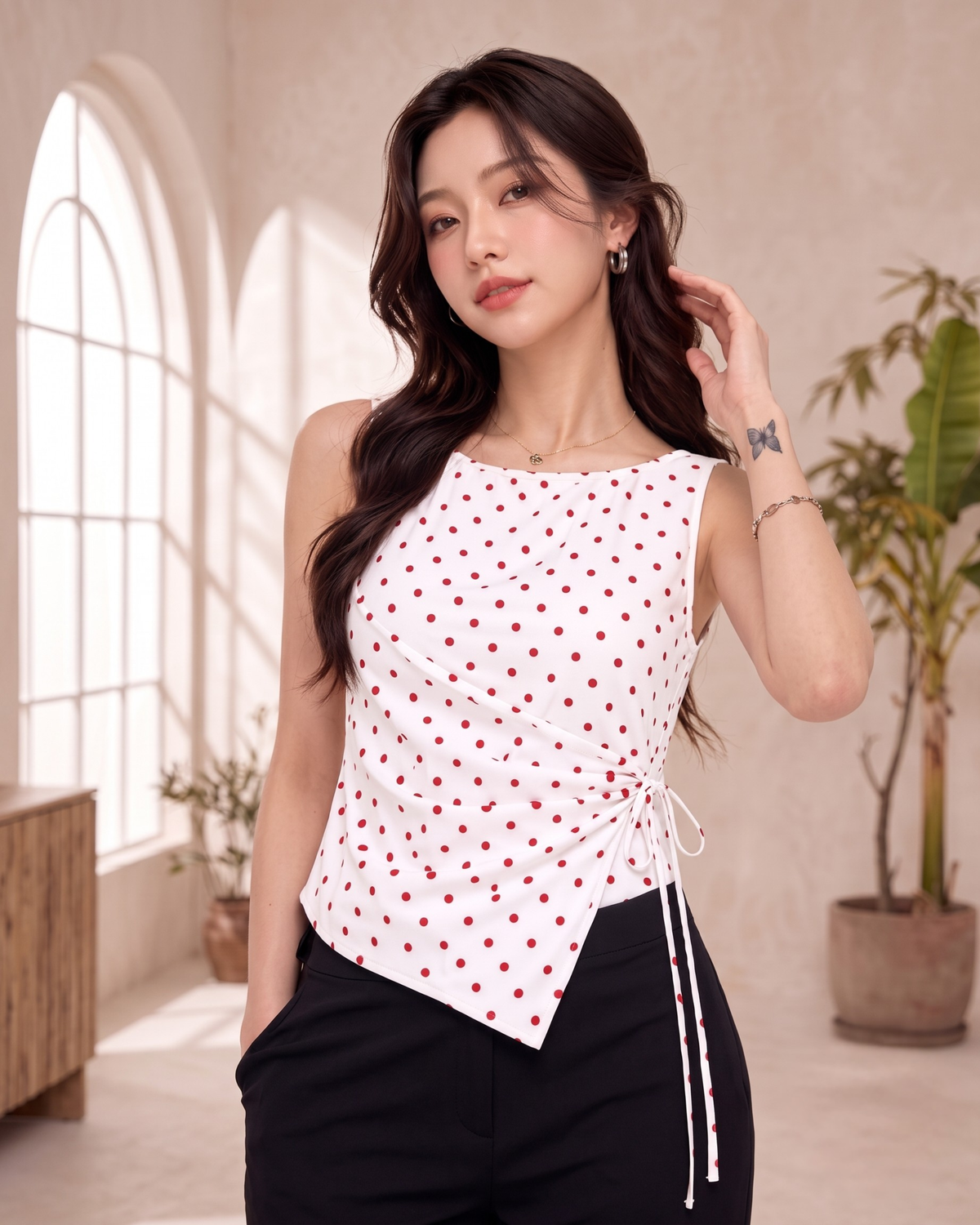Women's Red Polka Dot Wrap Top with Side Tie
