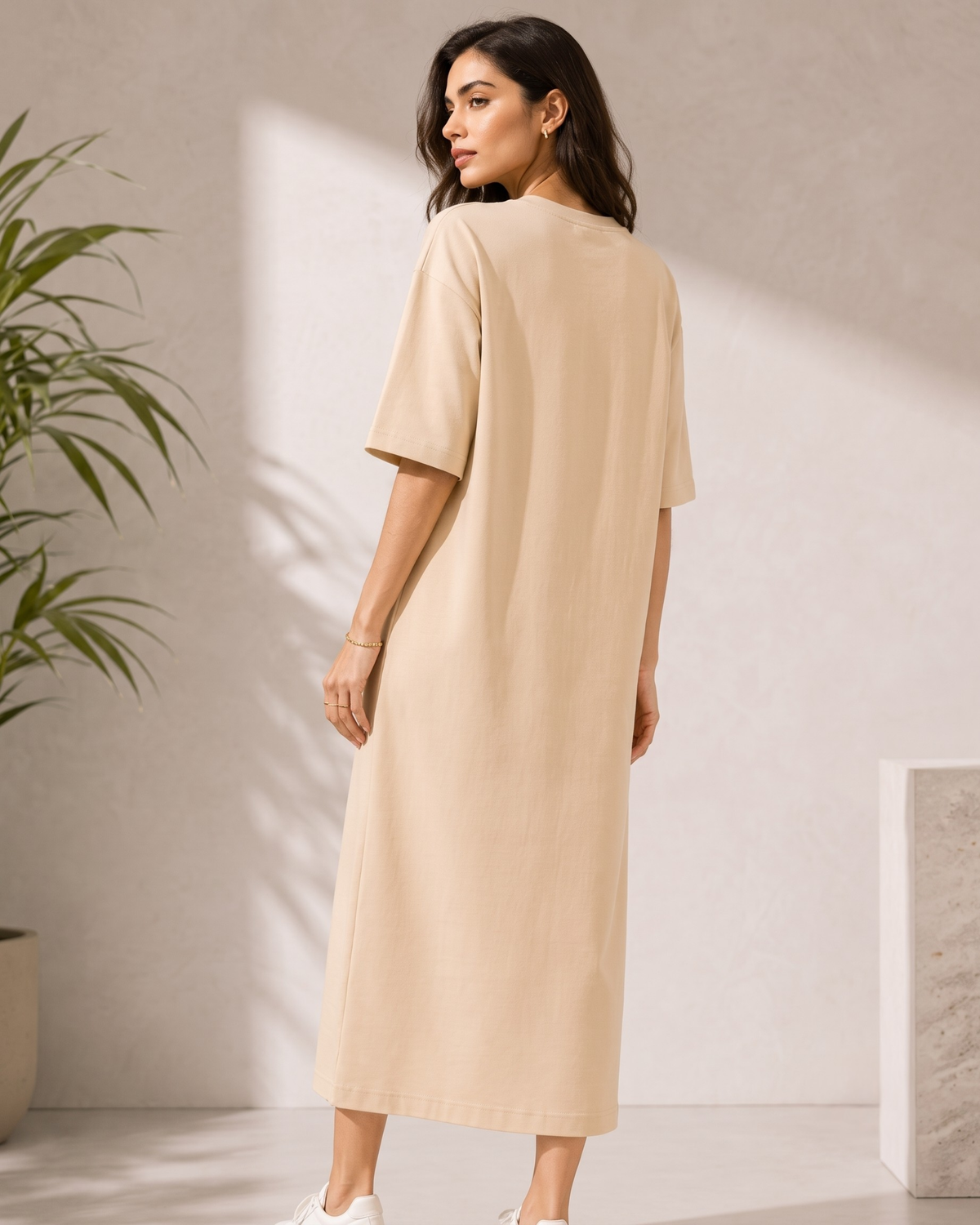 Women's Beige Oversized T-Shirt Maxi Dress with Pockets