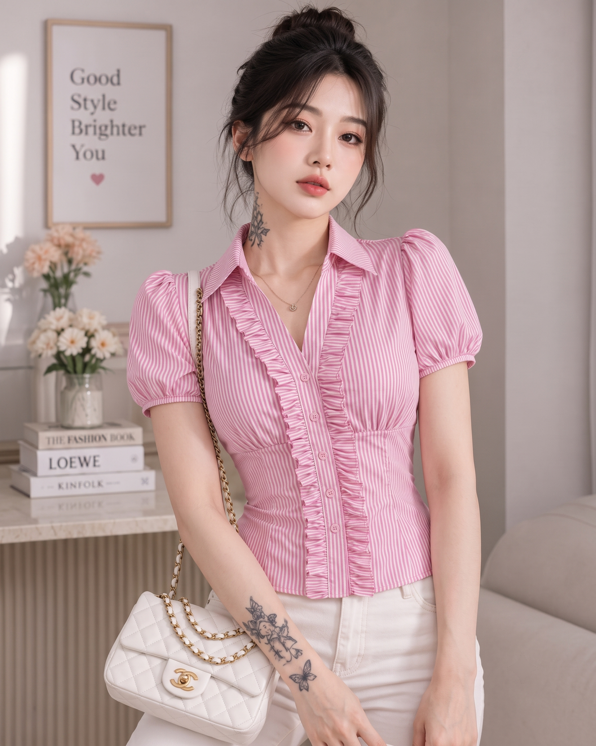 Women's Pink Striped Ruffle Front Peplum Top