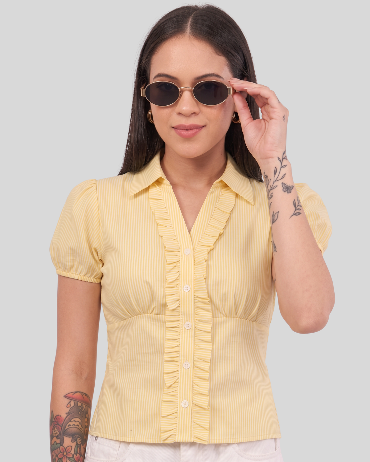 Women's Butter Yellow Striped Ruffle Front Peplum Top