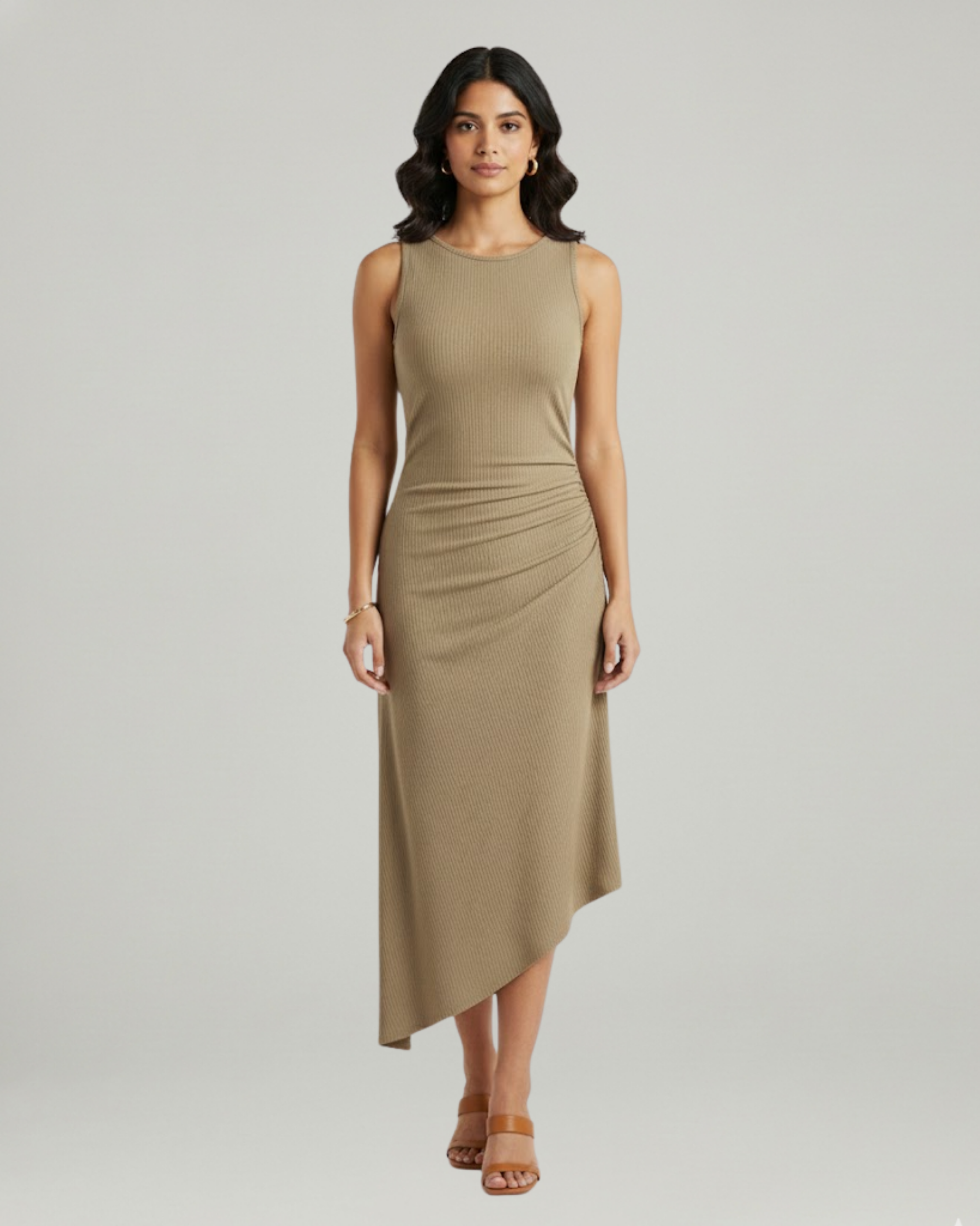 Asymmetric Boat-Neck Draped Midi Dress-Beige