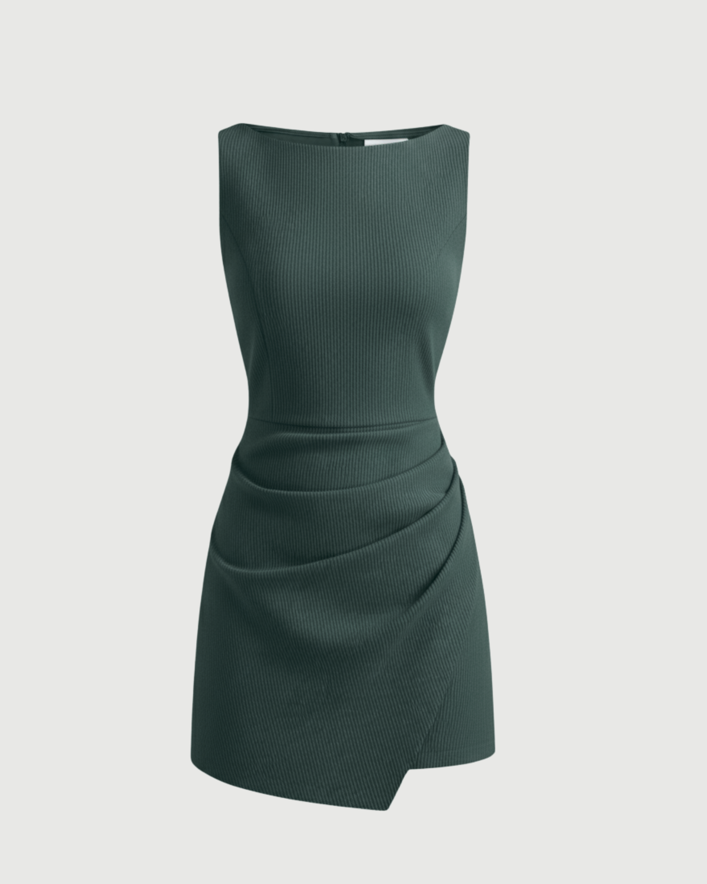 Linen-Blend Boat-Neck Draped Mini Dress-Dark Green