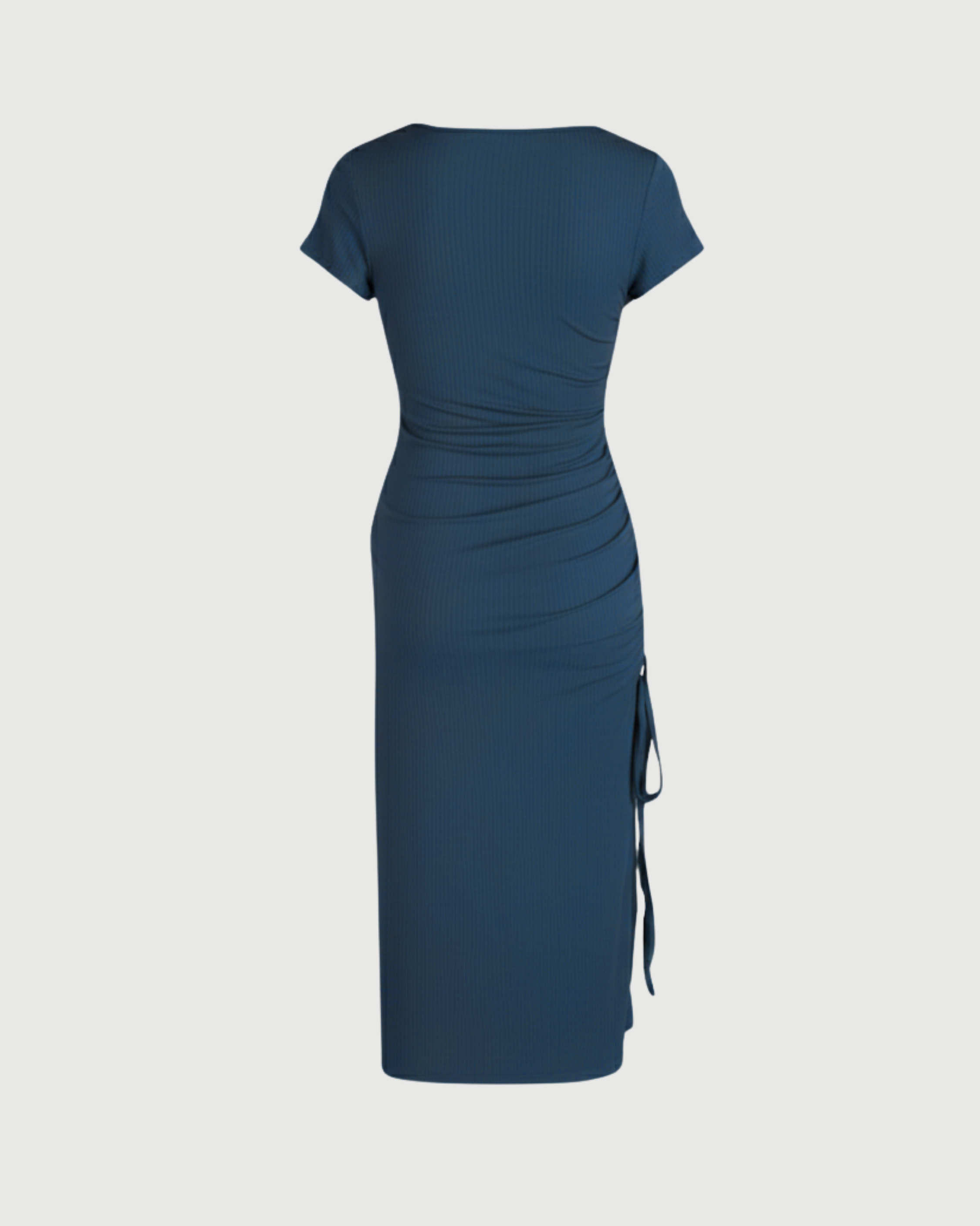 Square-Neck Knotted Slit Midi Dress-Blue