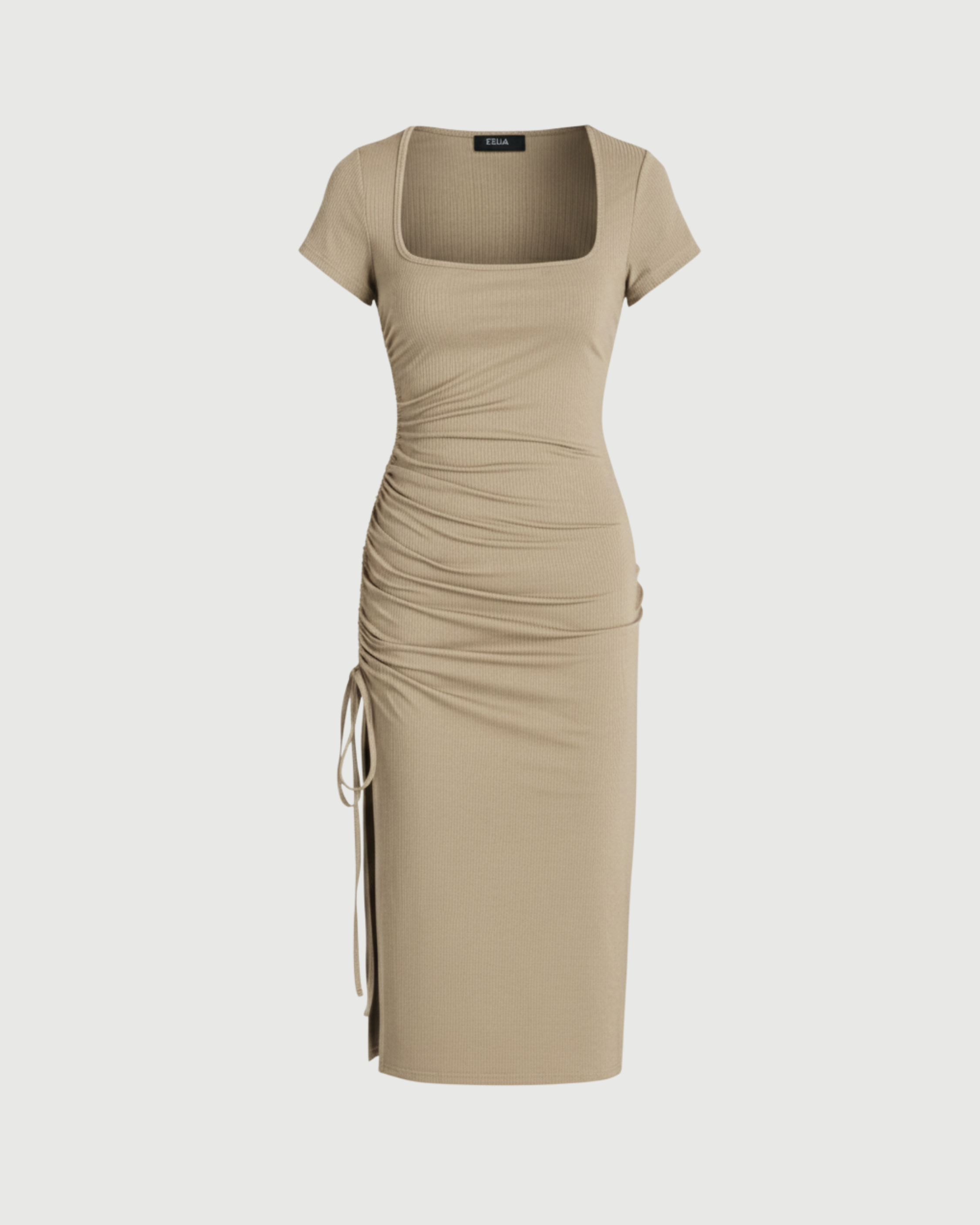 Square-Neck Knotted Slit Midi Dress-Beige