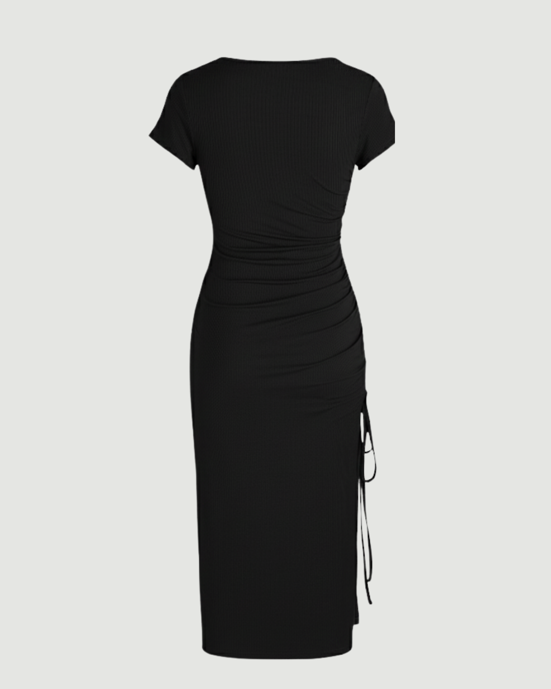 Square-Neck Knotted Slit Midi Dress - Black