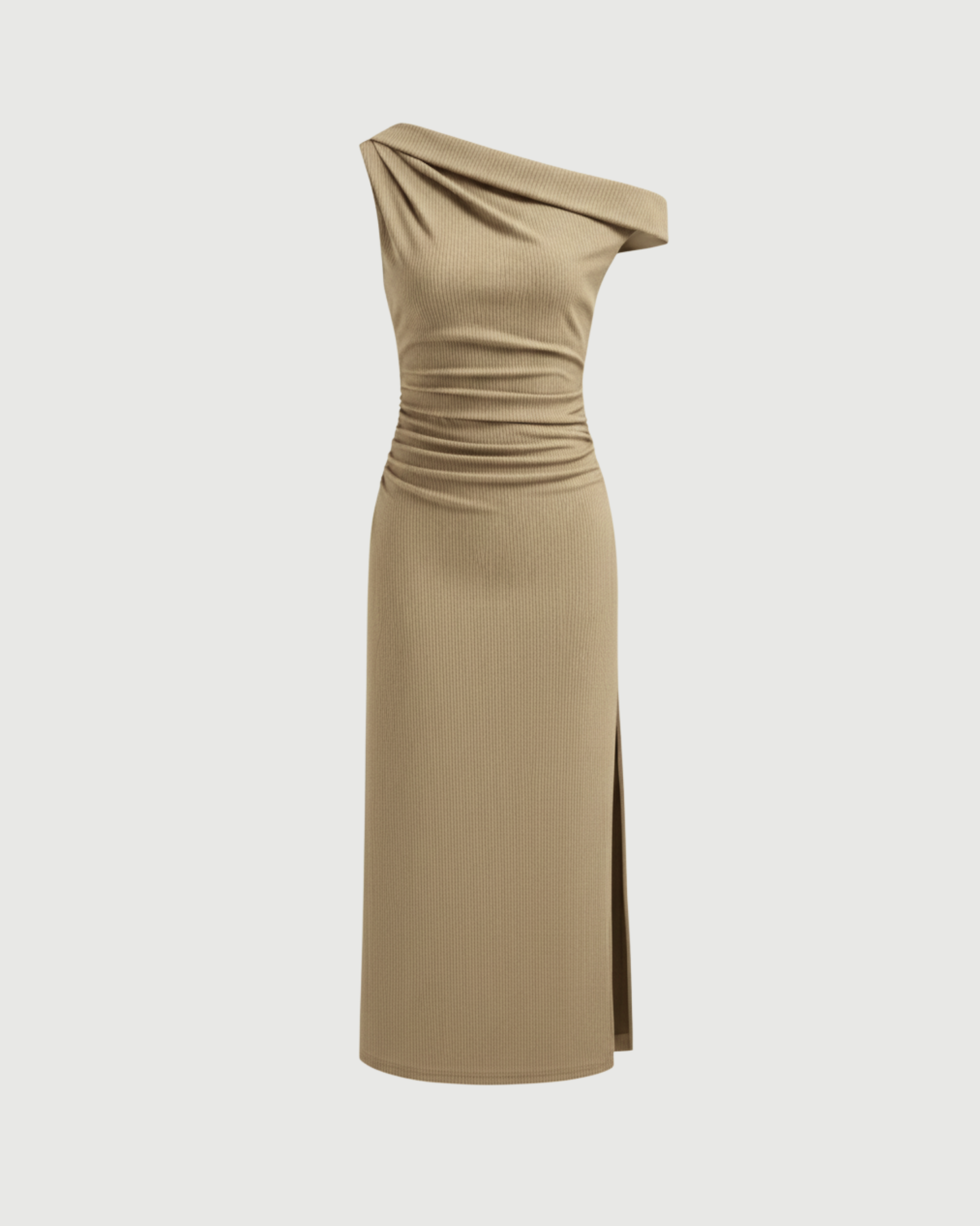 Asymmetrical Neck Ruched Slit Maxi Dress-Beige