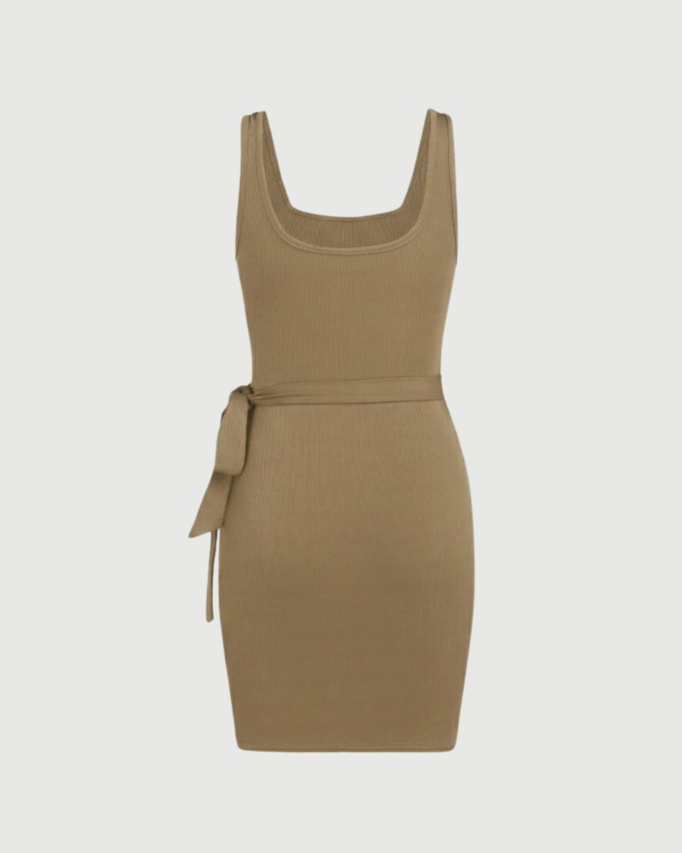 U-Neckline Knot-Detail Mini Dress-Beige