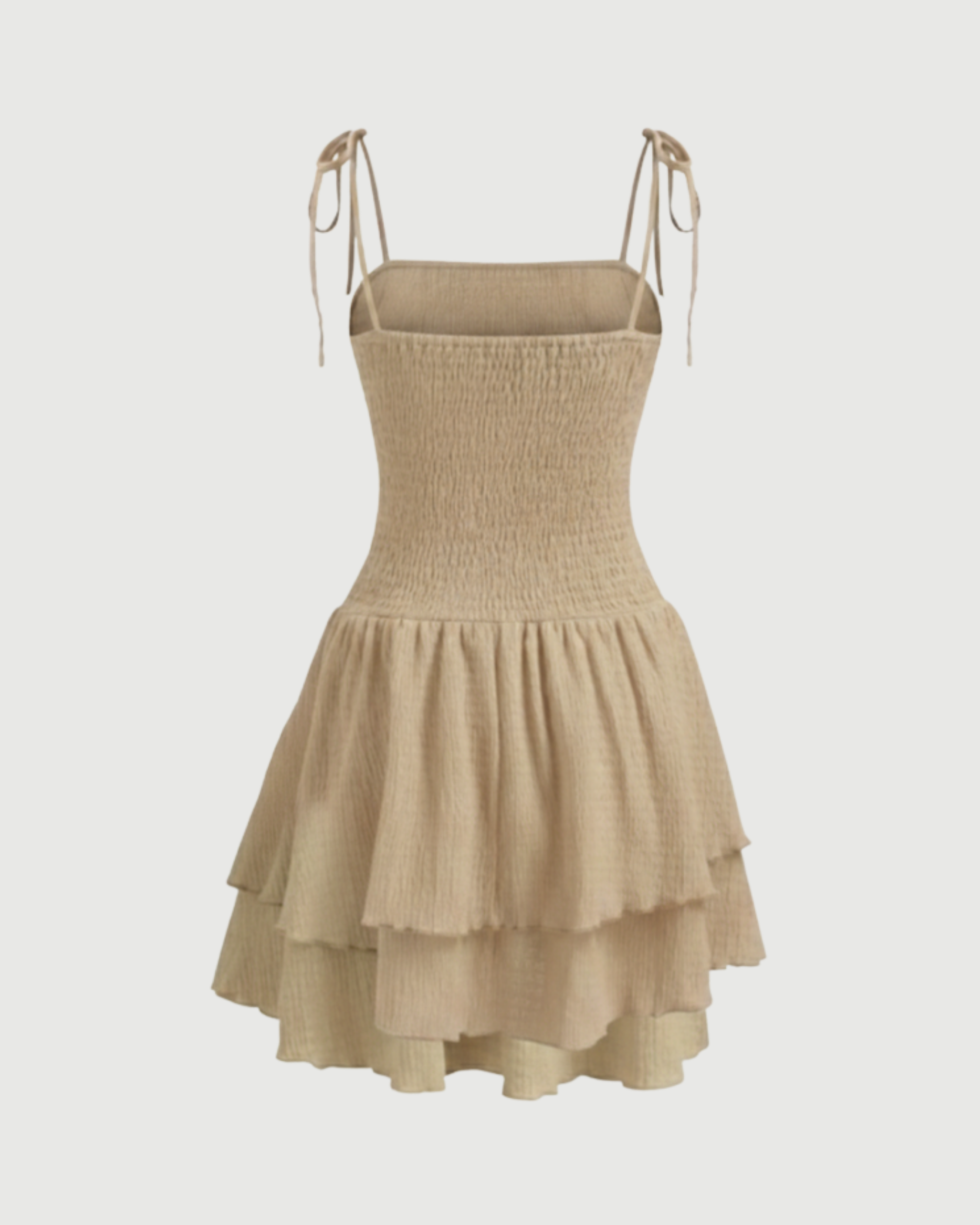 Ruched Knotted Mini Dress with Square Neckline-Beige