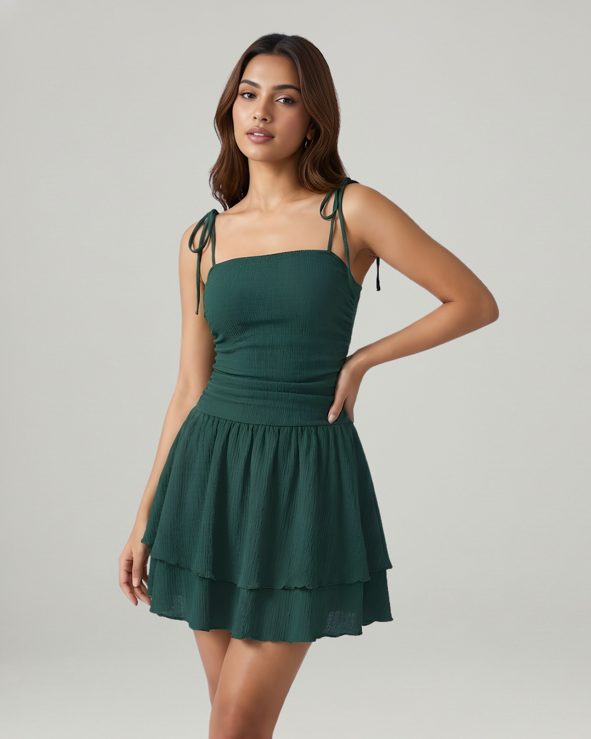Ruched Knotted Mini Dress with Square Neckline-Dark Green