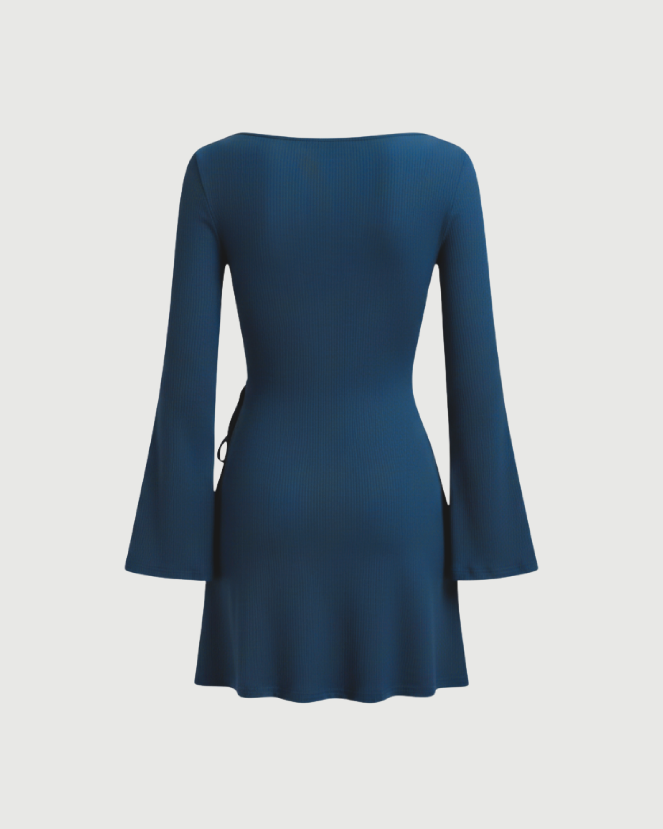 Wrap-Style Ruched Mini Dress with Bell Sleeves-Blue