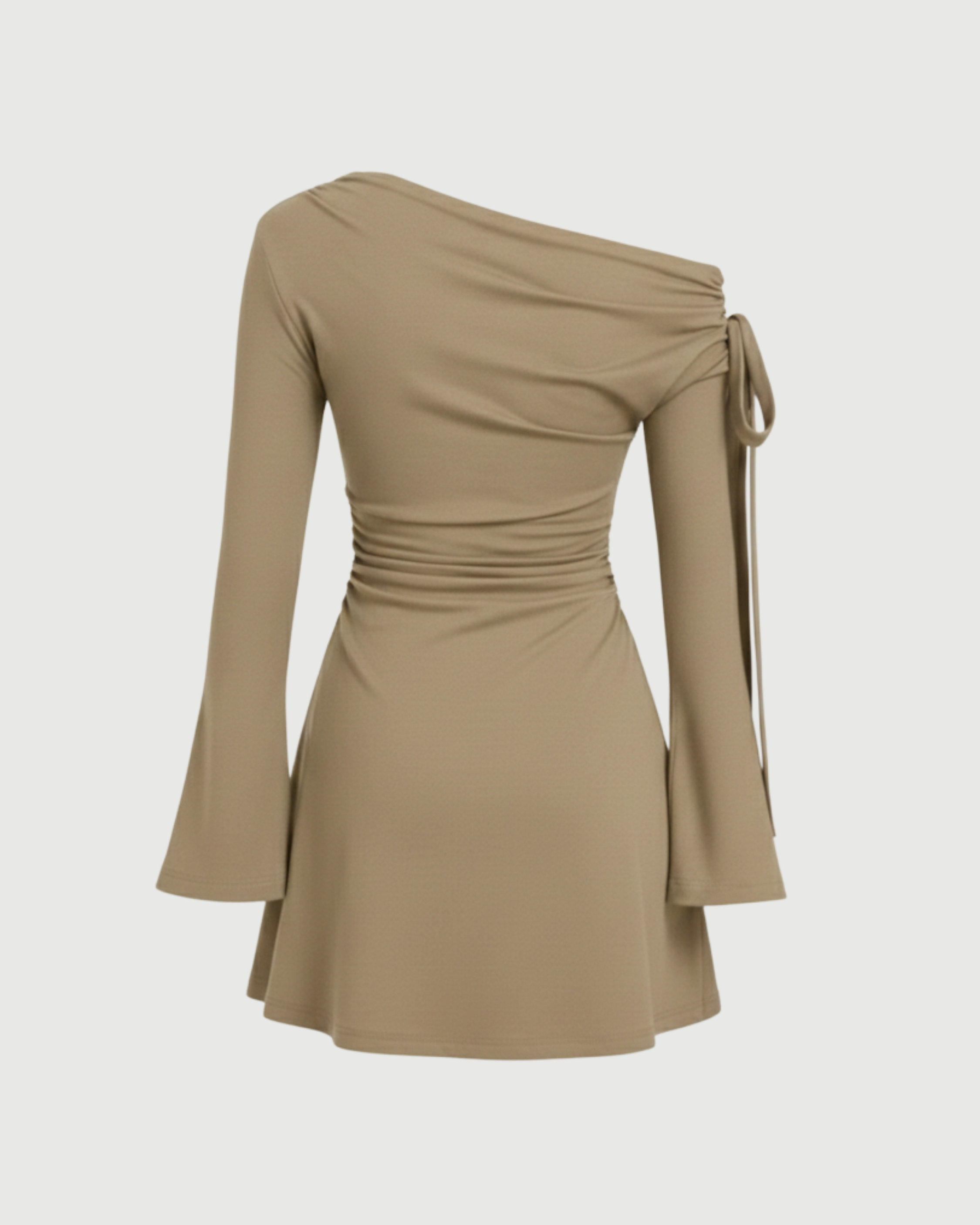 Asymmetrical Ruched Mini Dress with Knot Detail- Beige