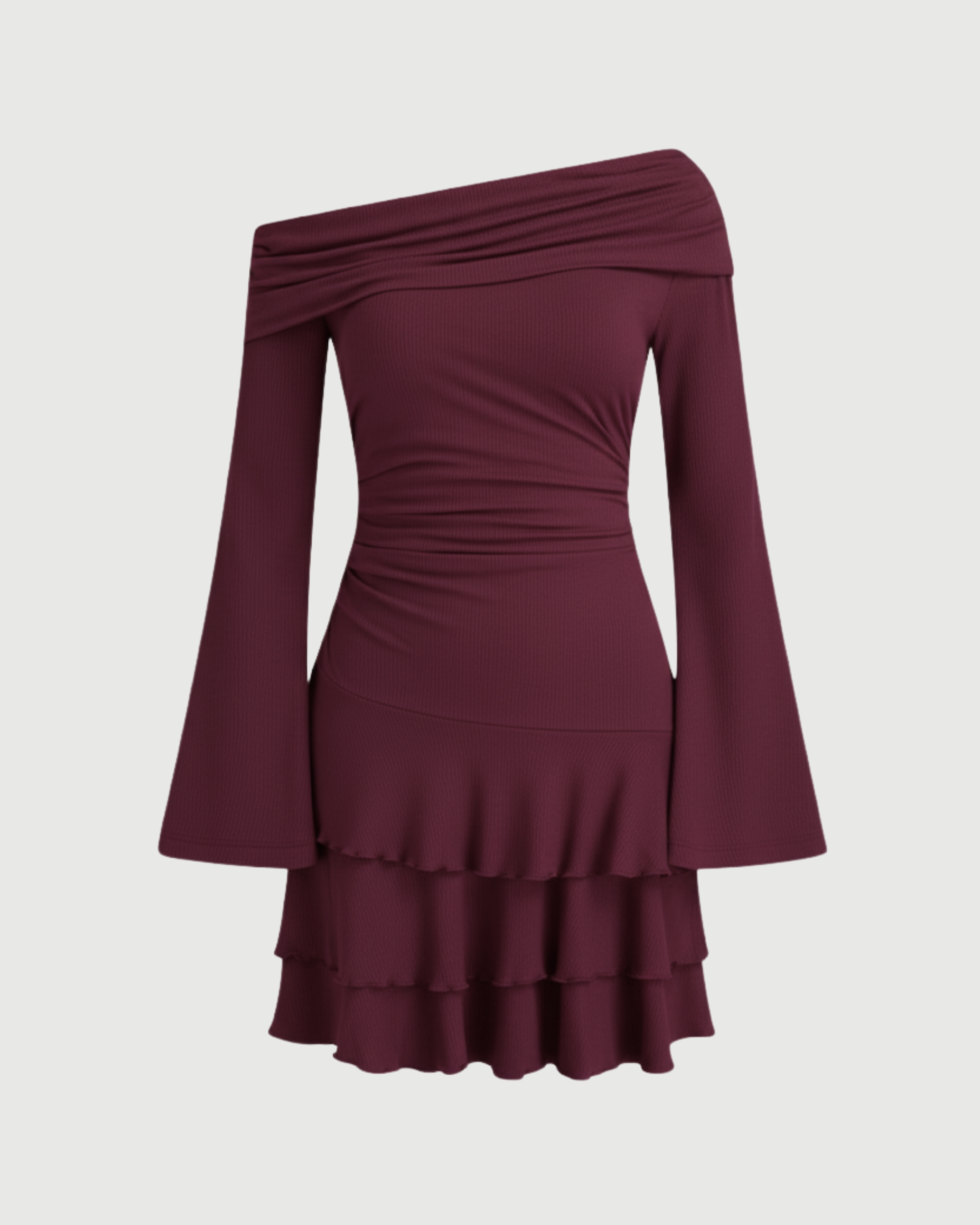 Layered Ruched Mini Dress with Asymmetrical Neckline-Maroon