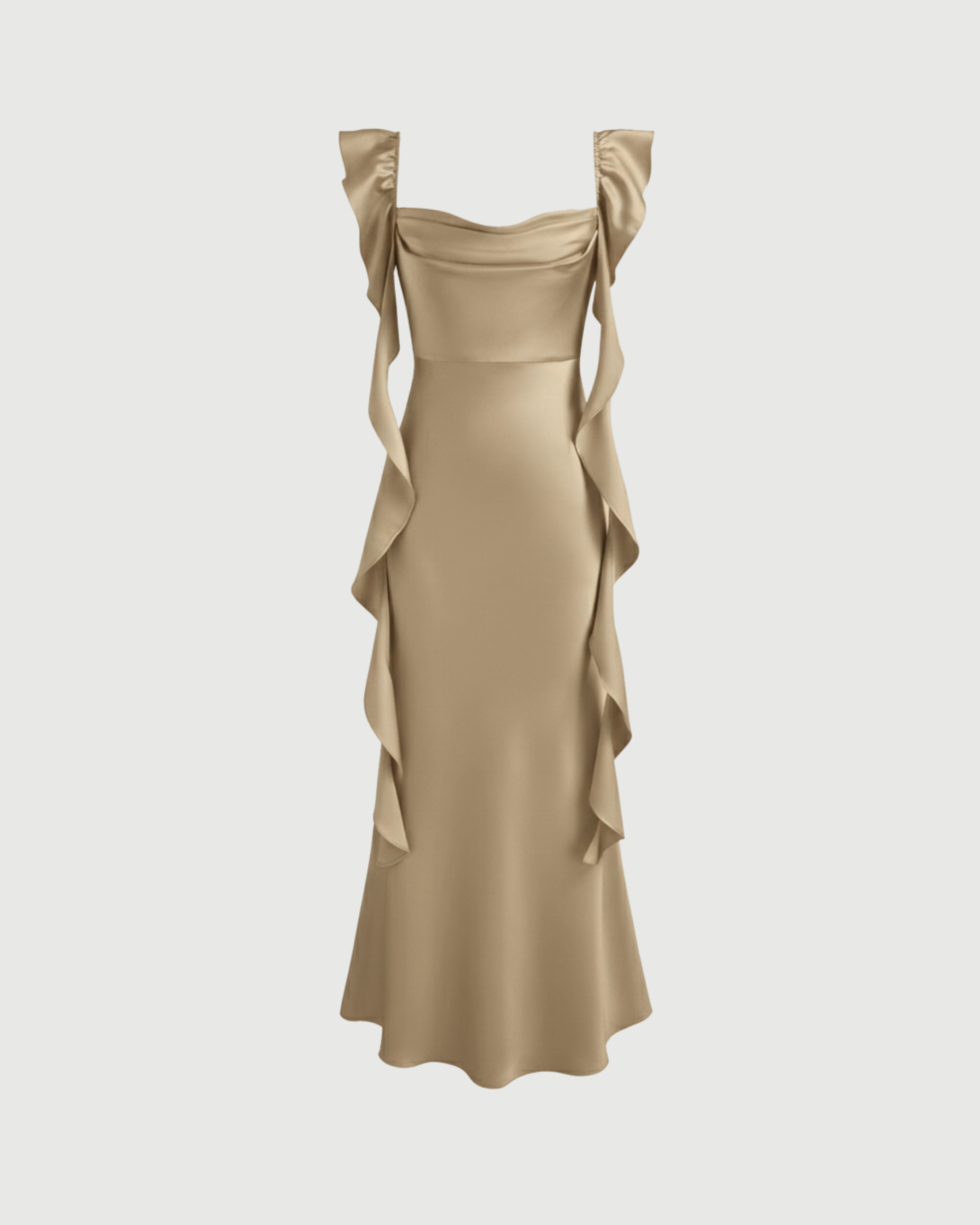 Satin Maxi Dress with Cowl Neck and Ruffle Hem-Beige