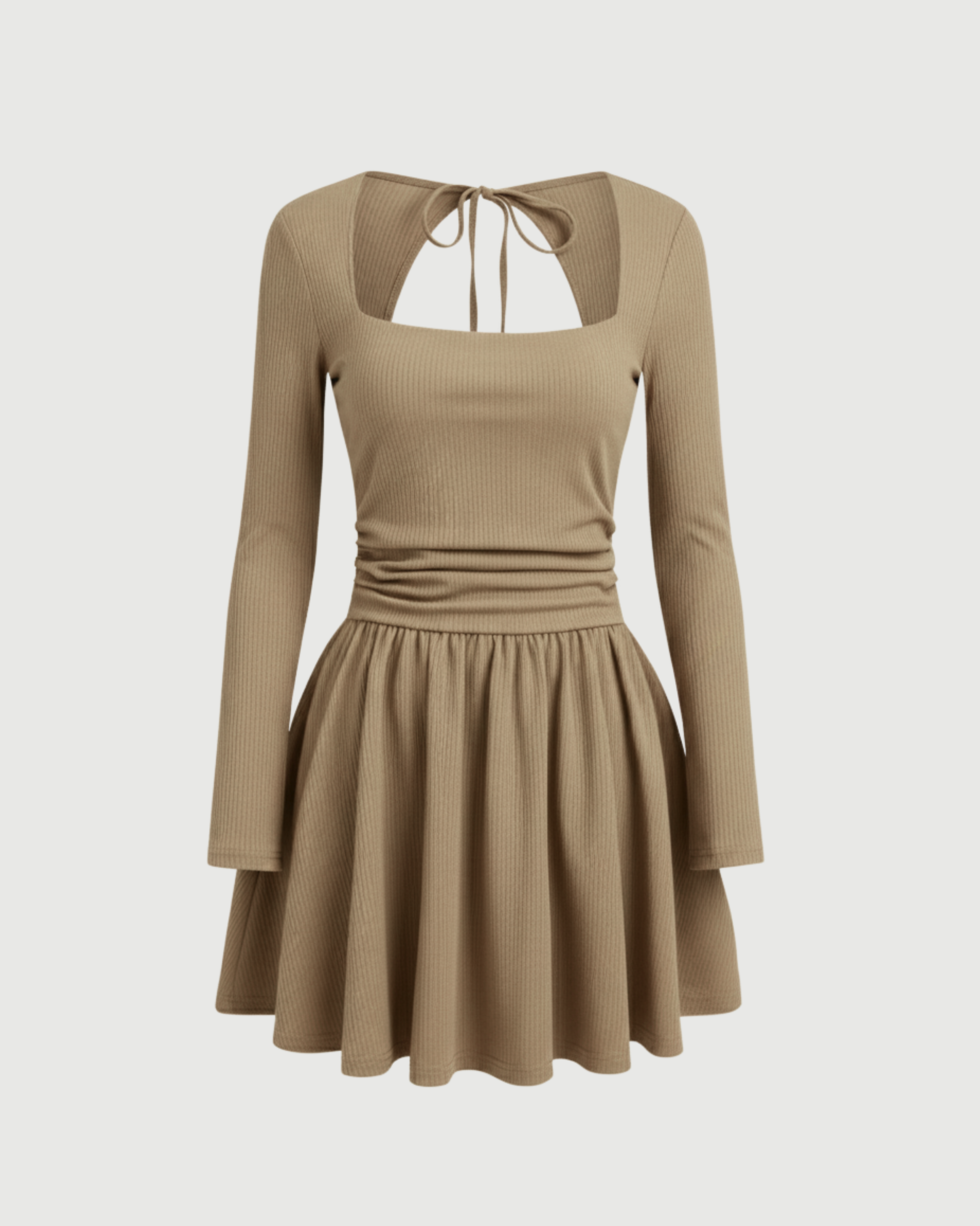 Cut-Out Knotted Mini Dress with Square Neckline-Beige