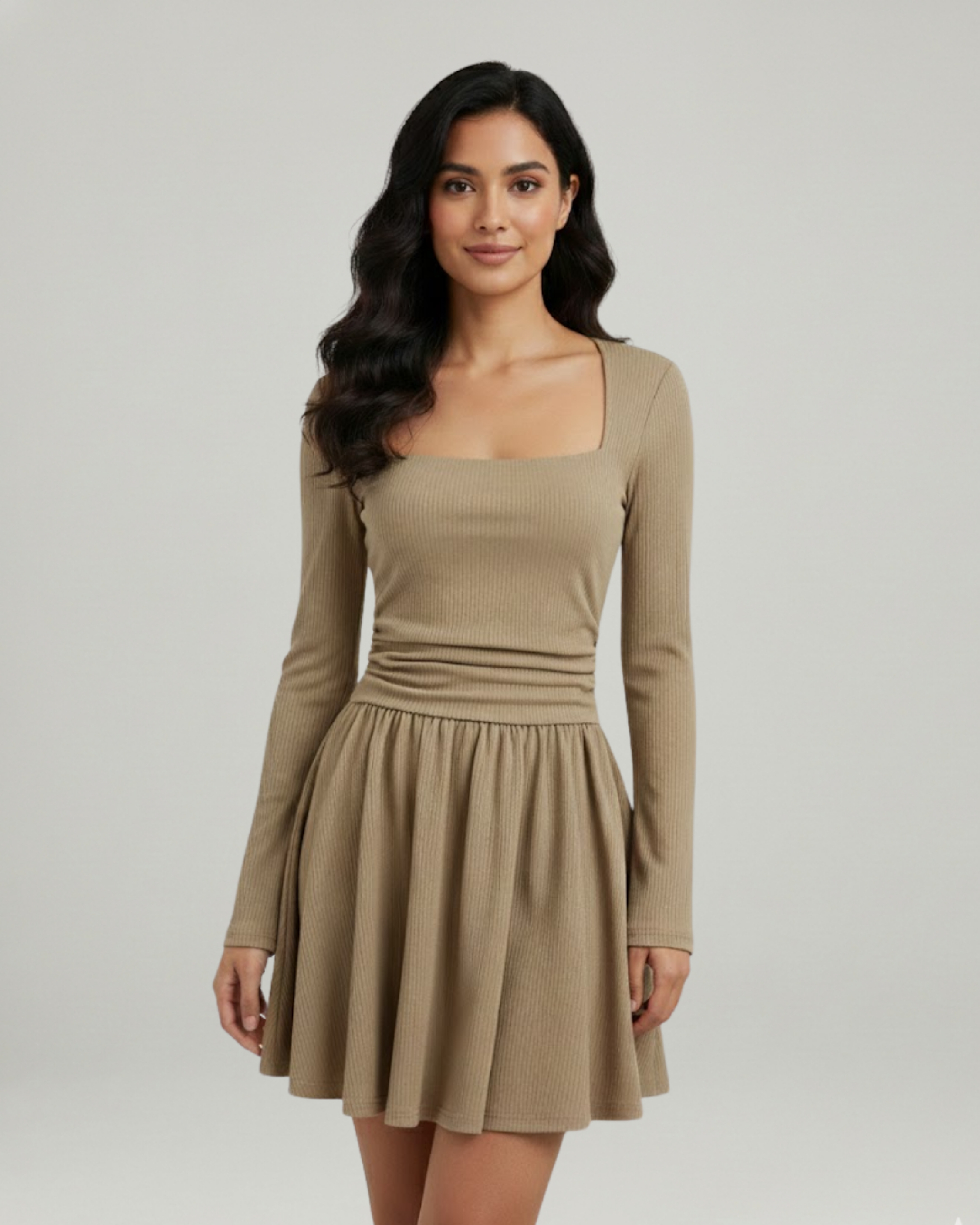Cut-Out Knotted Mini Dress with Square Neckline-Beige