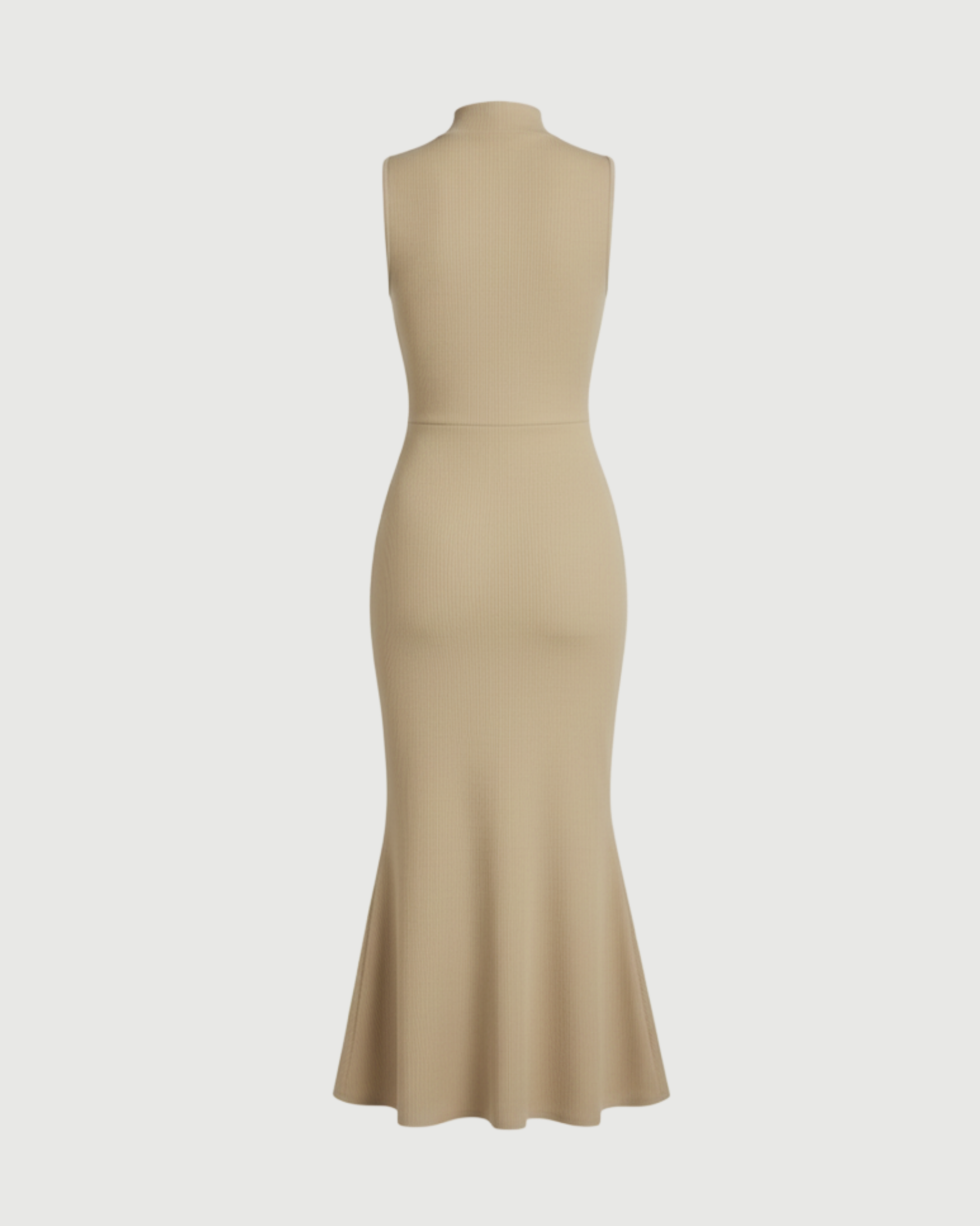 High-Neck Mermaid Silhouette Maxi Dress-Beige